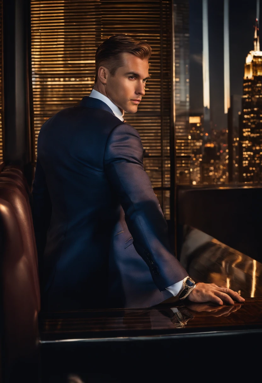 A photo of Finance Bro sitting at a VIP table in an exclusive club with a view of the Manhattan skyline in the background,original,30 years old, masculine, near comb over hair, wears a navy suit with a tie, walks around New York City
