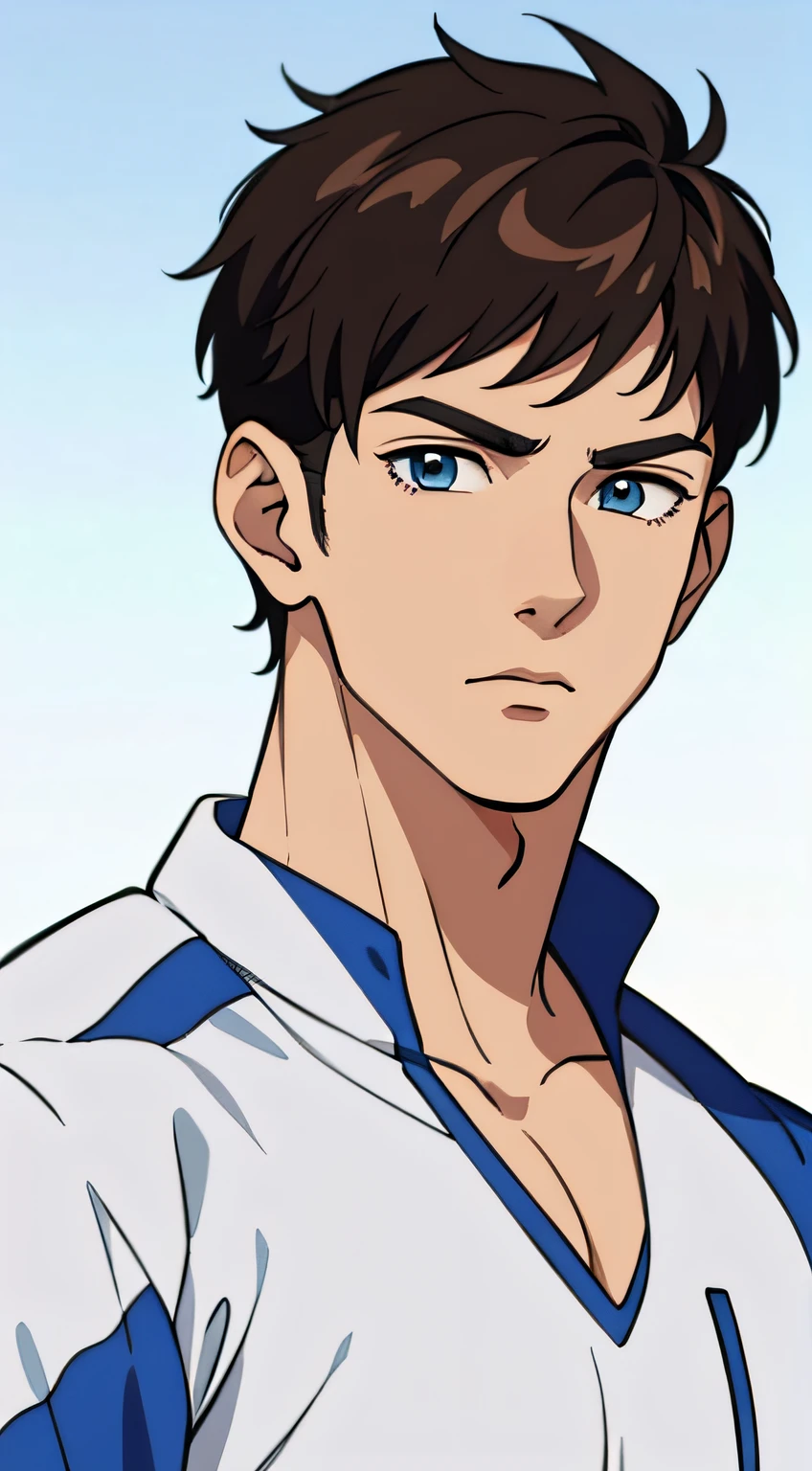 masterpiece, best quality, ultra high detailed,full-color, 1 boy, anime style, portrait shot of a handsome 24 year old male, athelete , stunning landscape , the boy is very handsome, his face has perfect ratio, detailed face, very short hair big beautiful yet masculine eyes, detailed eyes, he is shy, the lines are very thin, High image quality. 4K, The ultra -The high-definition, the lines are ultra-thin, the lines are thin, stunning background, very very thin outlines, very very short hair, very handsome face