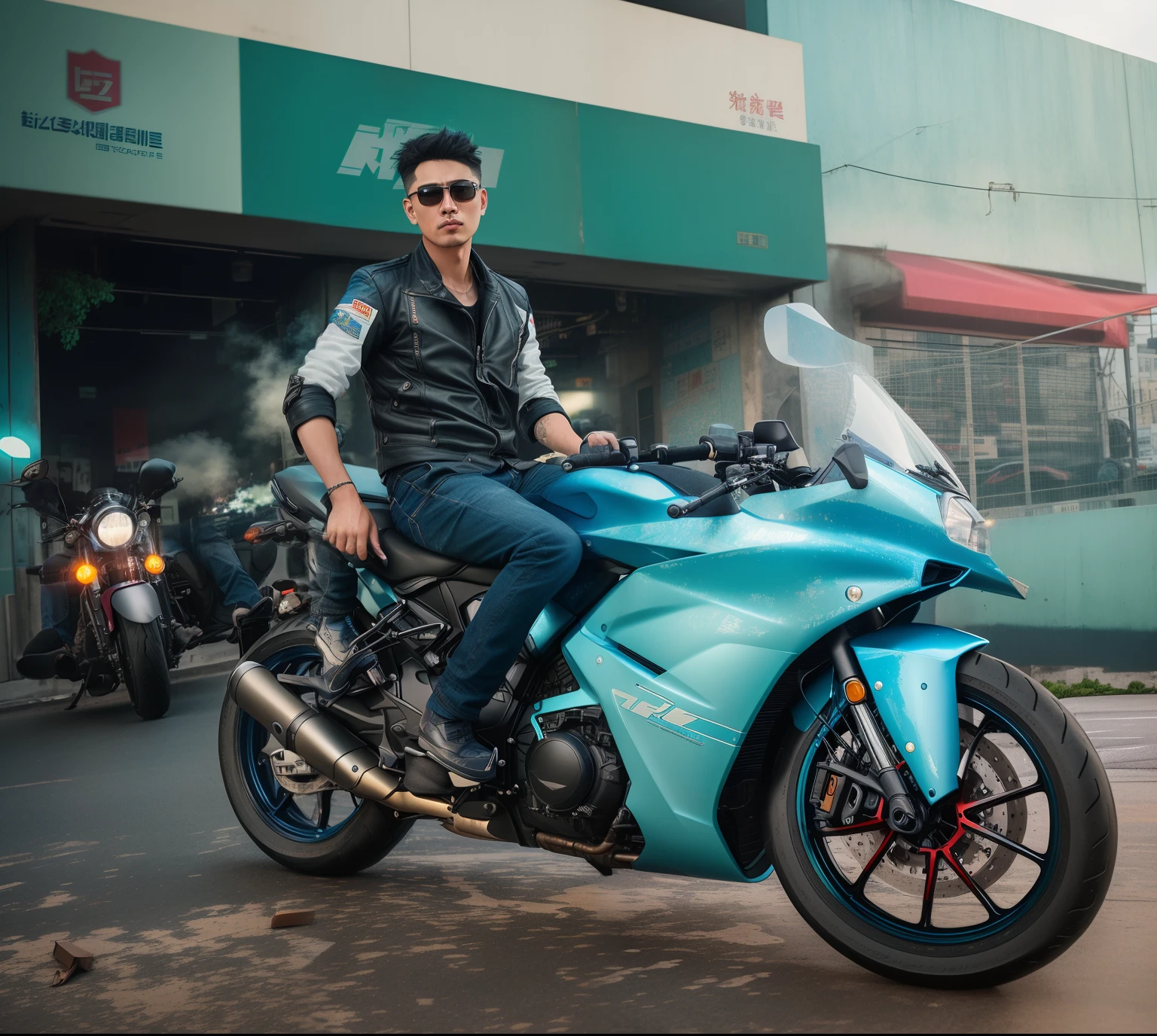 there is a man sitting on a motorcycle in front of a building, casual photography, shot on canon eos r5, shot on canon eos r 5, shot on nikon z9, cinematic shoot, shot on sony a 7 iii, shot on sony a 7, hyper realistic style, hyper realistic background, in style of kar wai wong, in style of ultra realistic