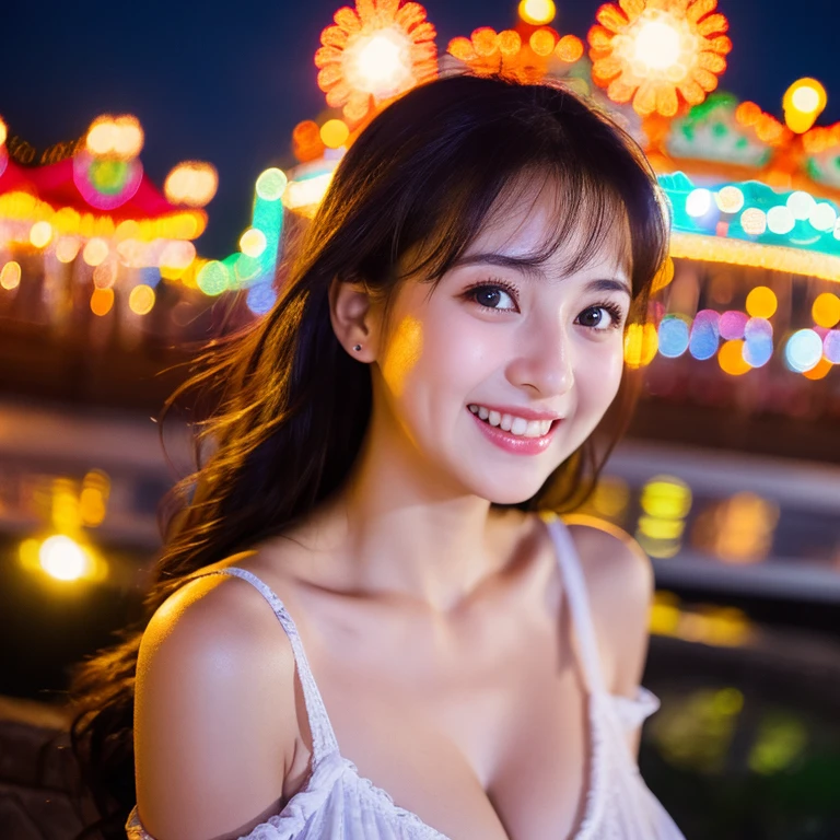 ((nighttime scene、Realistic light、SLR image quality、４k、1.3))、girl with the same face as last time、Off-shoulder cut top:1.3、faces、detailedeyes、An amusement park、The fountain、borgar、sparklers、a smile、cleavage of the breast、medium milk