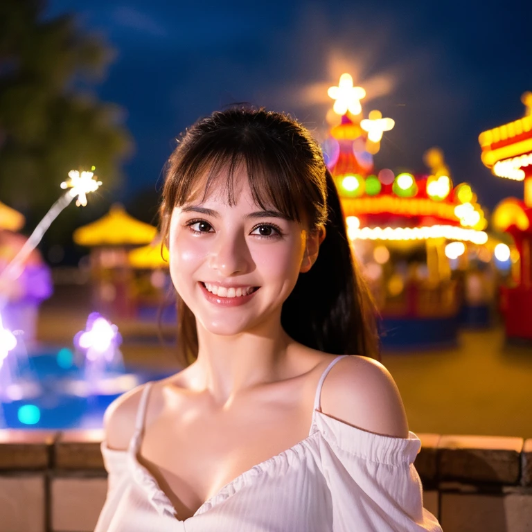 ((nighttime scene、Realistic light、SLR image quality、4k、1.3))、girl with the same face as last time、Off-shoulder cut top:1.3、faces、detailedeyes、An amusement park、The fountain、borgar、sparklers、a smile、cleavage of the breast、medium milk