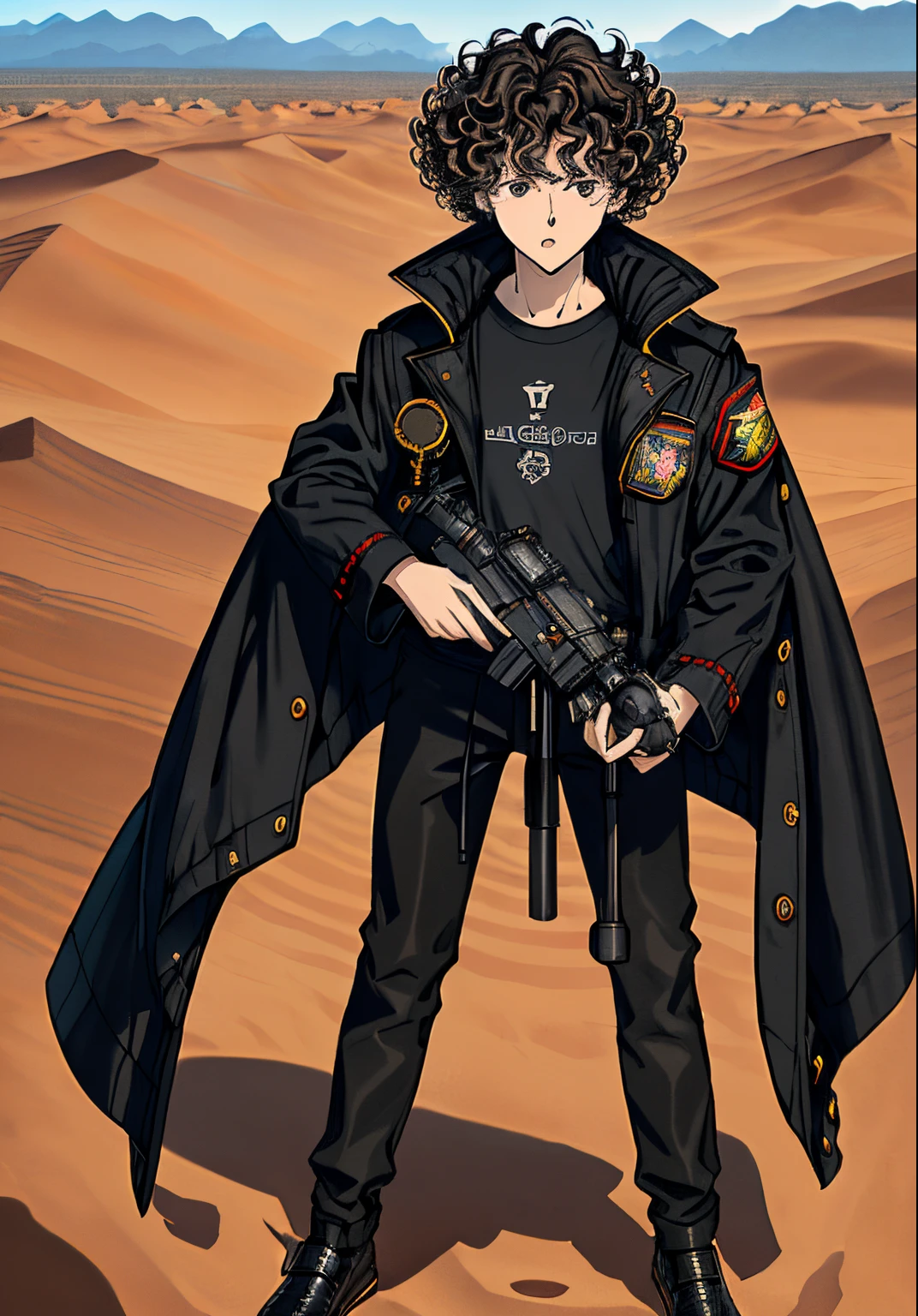 Boy, curly hair like rings,Black jacket, long black pants,He holds a Russian PKC machine gun in his hand, full body, PK machine gun,Photography angle from below, Pekka machine gun, PKC, He holds a weapon in his hands, Crazy features, A fifteen-year-old boy, short hair, Heavy weapon, Standing in the desert