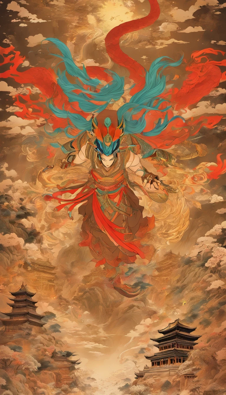 filmposter，has six legs，There are no ears, eyes, nose or mouth，The body exudes a red light。The Art of Endurance，、Dunhuang art，black and gold，2D，low  angle shot，very imaginative，Epic。