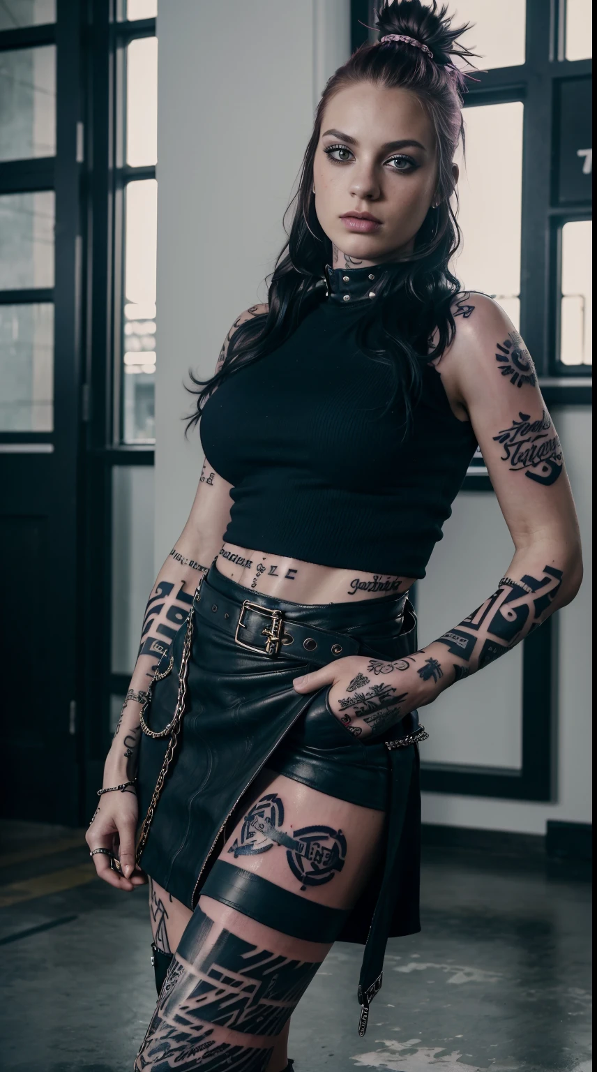 Punk woman wearing a black fishnet top posing for a photo in a club at night, night club lights, black make-up, egirl,tattoo