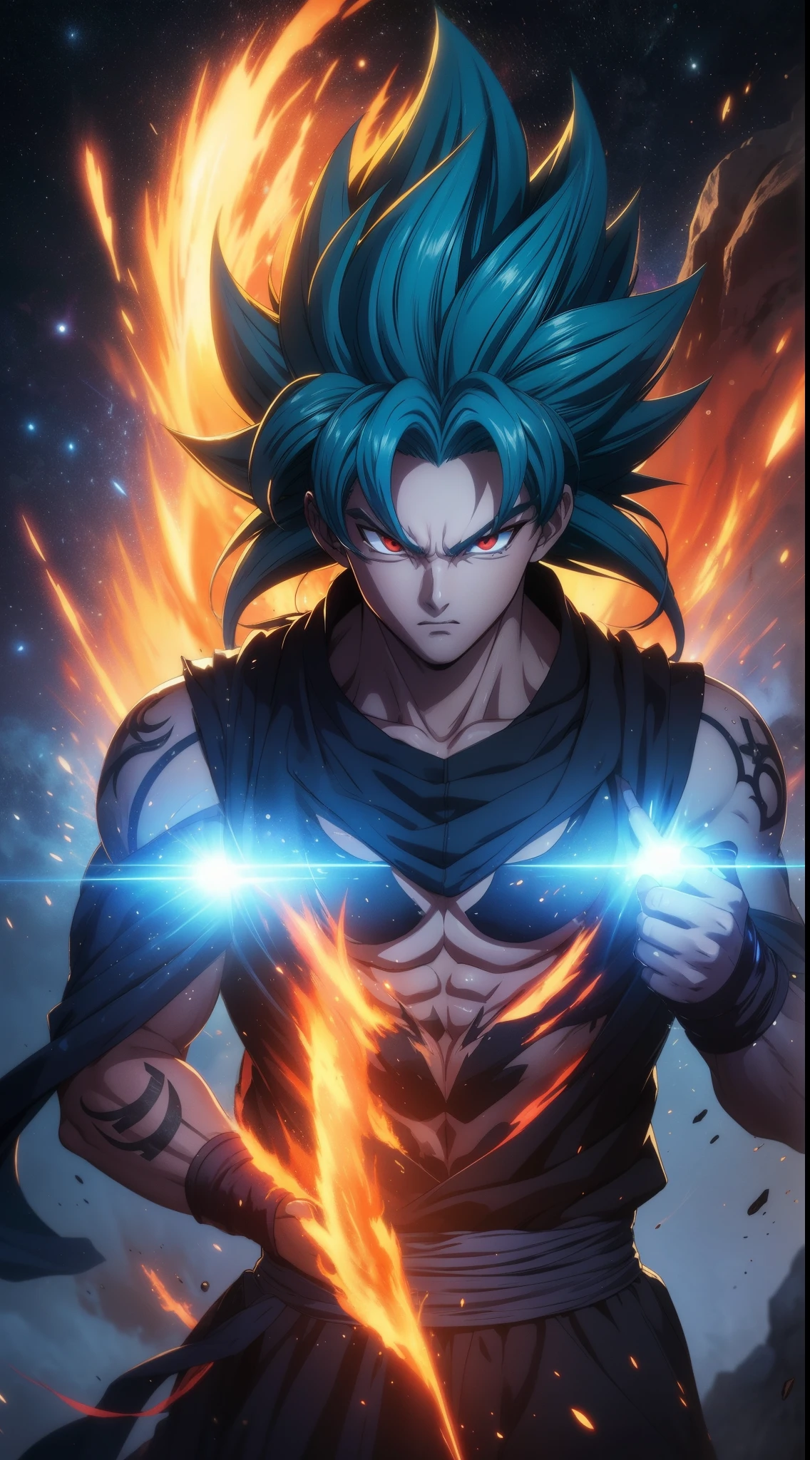 ''Get ready for a visual feast with Goten having a handsome face and piercing red eyes, glowing blue hair and tattoo, well-proportioned character portraits and landscapes, and a perfect body. In his transformed state, he radiates extreme instinct and power, creating an epic anime about this man of energy. fire and lava in stunning anime artwork that will leave you in awe. This concept art is straight from the Universe, with manga-style 8k wallpapers that will transport you to another dimension. Get ready to be amazed by this detailed piece of digital anime art, showcasing the ultimate combination of style and power.''