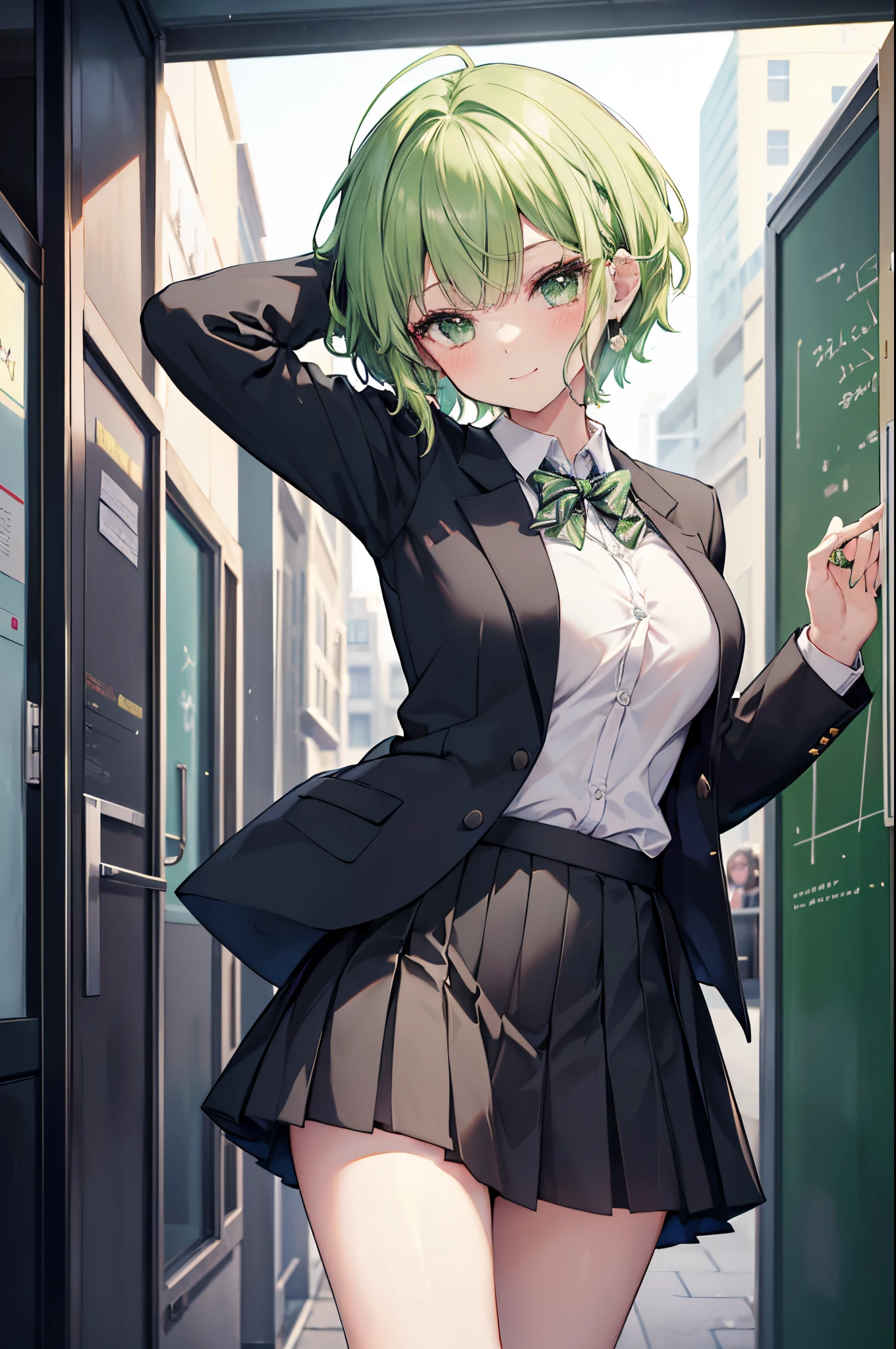 ((Blazer and skirt、and green short hair))
Her elegant style will take your breath away. Her beauty is recognized by everyone in her blazer and skirt.、She has short green hair and a student uniform that captivates your heart as she walks with her hair swaying., school  background, Put hair on your ears, Cute smile