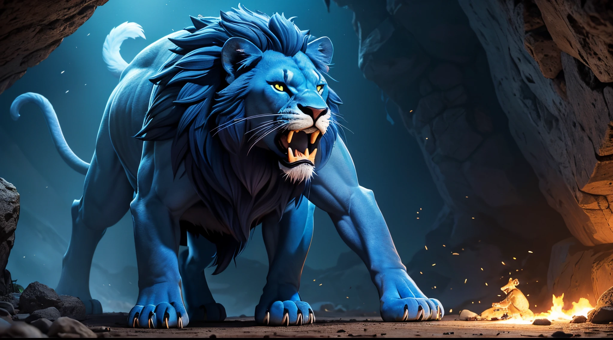 Dark cave, roaring lion, blue and white, Israeli flag, fA lion fights mice and roaches , red and green, high quality, best resolution, ultra detailed, realistic style, vivid colors, sharp focus, stunning lighting.