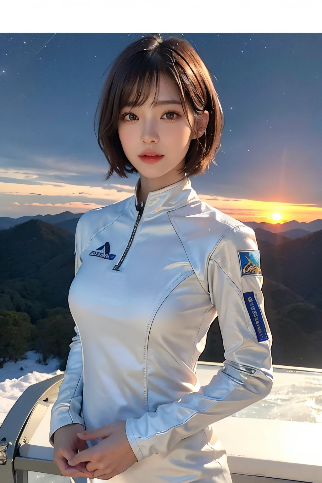 top-quality、masterpiece、超A high resolution、(realisitic:1.4)、Beautuful Women1、Beautiful detail eyes and skin、ssmile、Light brown short-cut hair、The perfect spacesuit、spaceships、cosmic space、iced&Snow Planet、Sunset sky、