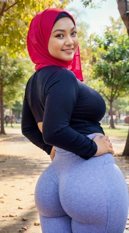 masterpiece, high quality photos, detailed photos, beautiful chubby Malay woman wearing a hijab, has super plump breasts, wearing a tight t-shirt, sexy leggings, big buttocks, posing smiling in the park, detailed body description, detailed facial description,