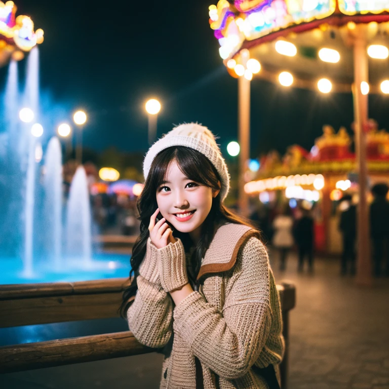 ((nighttime scene、Realistic light、SLR image quality、４k、1.3))、girl with the same face as last time、full bodyesbian、coat、Knitted Cap、Knitted Dresses、detailedeyes、An amusement park、The fountain、a smile、medium milk