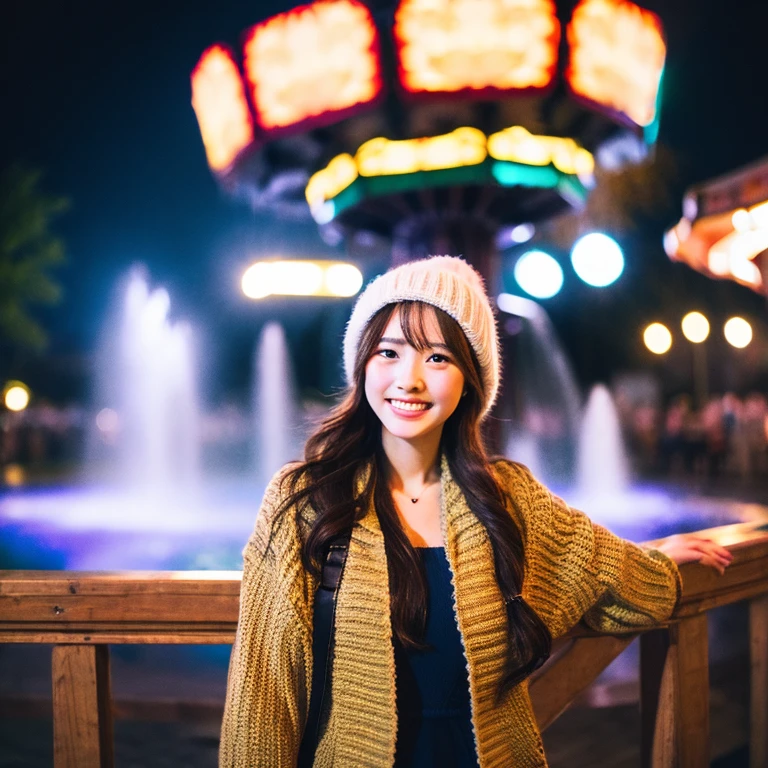 ((nighttime scene、Realistic light、SLR image quality、４k、1.3))、girl with the same face as last time、full bodyesbian、coat、Knitted Cap、Knitted Dresses、detailedeyes、An amusement park、The fountain、a smile、medium milk