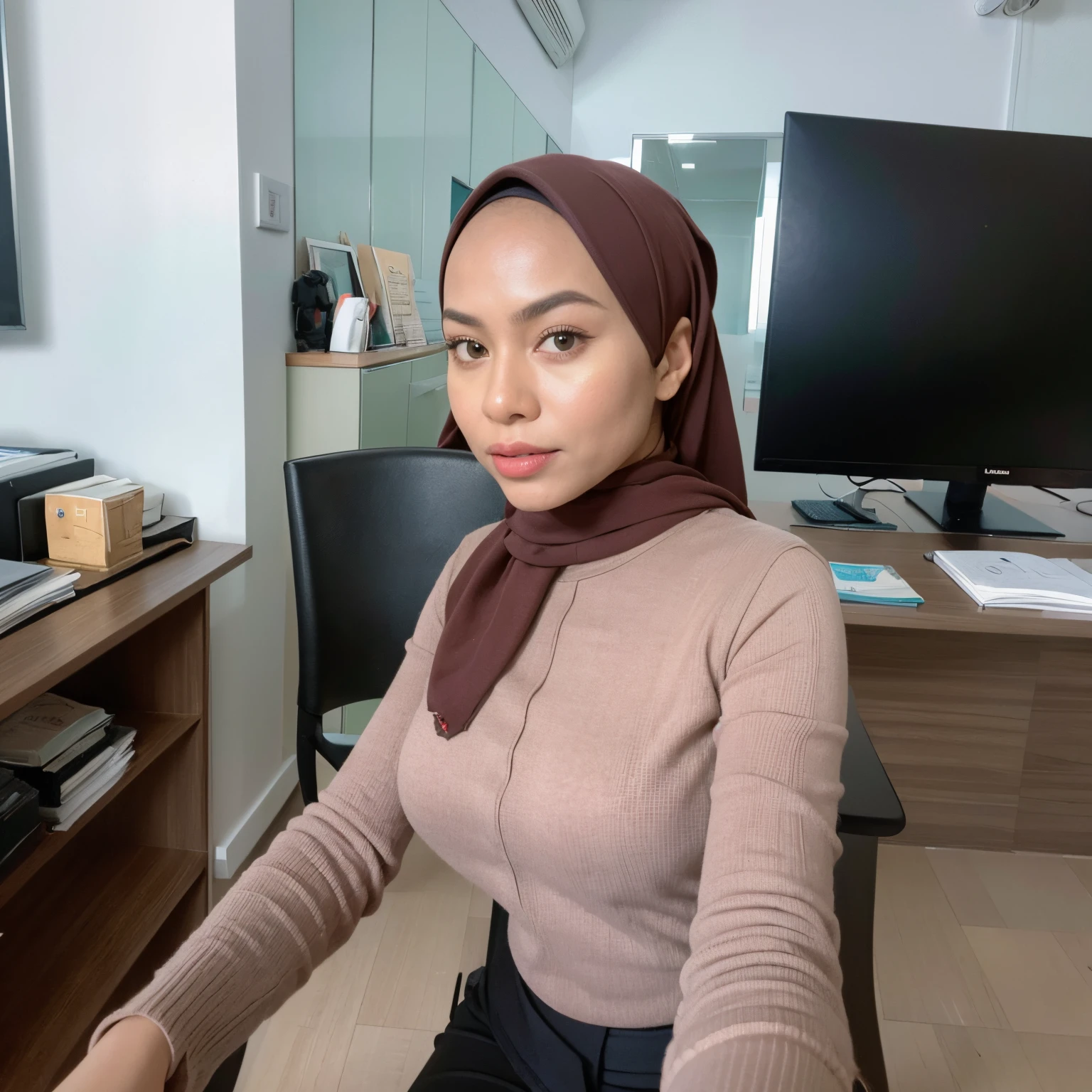 Super beautiful office lady, african girl, light brown flowing layered short hair, golden eyes, dark gray pantsuit, medium breasts, seductive ass, butt protruding, seductive pose, full body, slender, perfect proportions, office, portrait, high resolution, highest quality, super high quality, super detail, ultra realistic, photorealistic, formal pants, satin formal trouser pulled so tight, behind view, bend, medium size butt, gold formal trouser, ponytail hair, glasses
