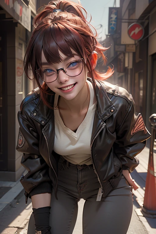 1woman with glasses, 30yo, (blunt bangs hairstyle), (fringe cut bangs hairstyle), (The forehead is hidden by bangs), (((red hair))), (((low pony tail))), (asymmetrical messy hair), (((black-rimmed round glasses))), (((red pony tail))), (((beautifully detailed face))), (((perfect face))), (((Beautiful detailed eyes))), (((perfect eyes))), (((sharp eyes))), ((Blue eyes)), (punk makeup with so many eyelashes and jet black eyeshadow), ((sadistic grinning smile), (clenched teeth)), (((tanned skin))), (((open stand neck black jacket)), (loose t-shirt)), street fashion, (red lined sport pants), black leather gloves, (Solo), hand on hip, Full Body Image, perfect anatomy, slender, small bust, abs, (thin waist), (handsome face:1.5), ((crazy smile:0.5)), (teeth fangs:1.3), ((dark skin)), (((Narrowed Eyes))), (evil smile, evil look), open legs, (((staring at me with a provocative smile))), (half-closed eyes:1.5), (((black thick rimmed glasses))), (high detailed skin), ((top-quality)), ((High Definition)), ((beautiful detailed)), high quality shadow, mostly cloudy sky, ((official art)), octane render, two-tone lighting, Cyberpunk city street background, White balance, Long Exposure, Depth of Field, anatomically correct, (((Best Quality))), (((masterpiece))), (((Super Detail))), (((Photorealistic))), (((UHD)))