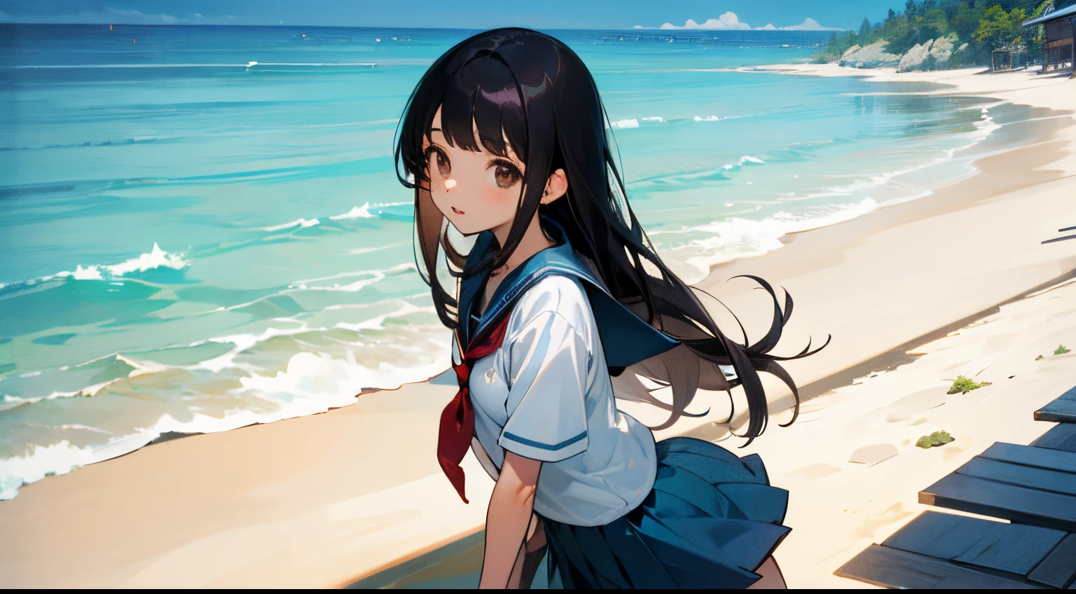 Semi-long black hair、Beautiful schoolgirl、a beauty girl、School swim wear、Sea Vacations、Brown eyes、private beach、Resorts、