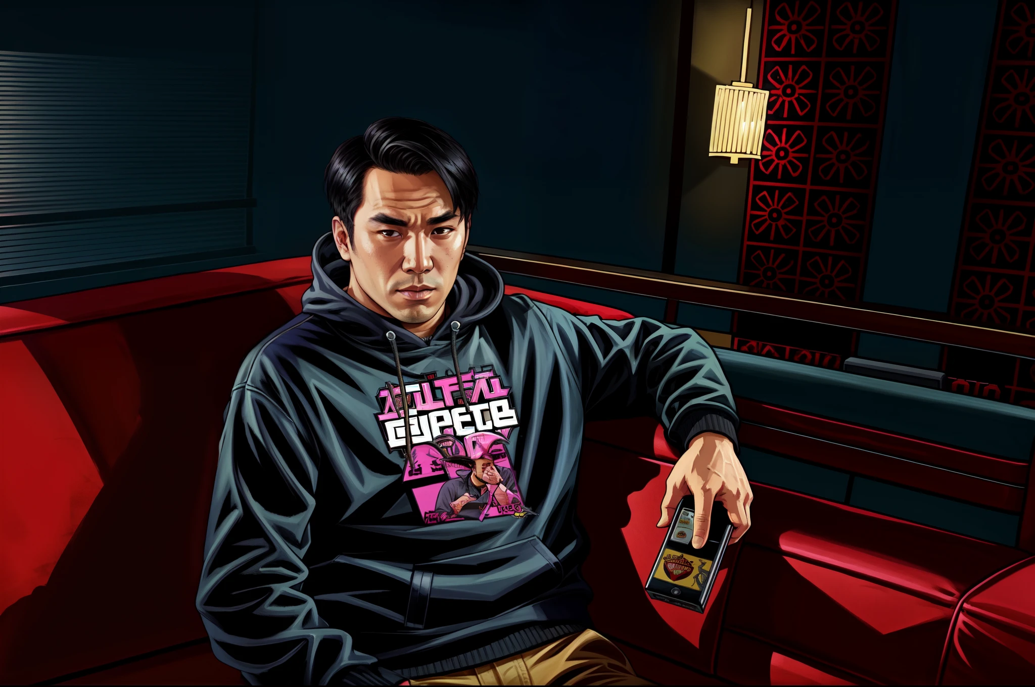 21 years old asian man sitting on a red couch holding a cell phone, teenager, waring blue navy ski jacket, black hair, 2d game art gta5 cover, gta art, gta art style, gta v art, 2 d game art gta cover, 2d game art gta cover, style of gta v artworks, art gta 5, 2d art gta5 cover, gta v loading screen art, art gta 5 cover, 4k result