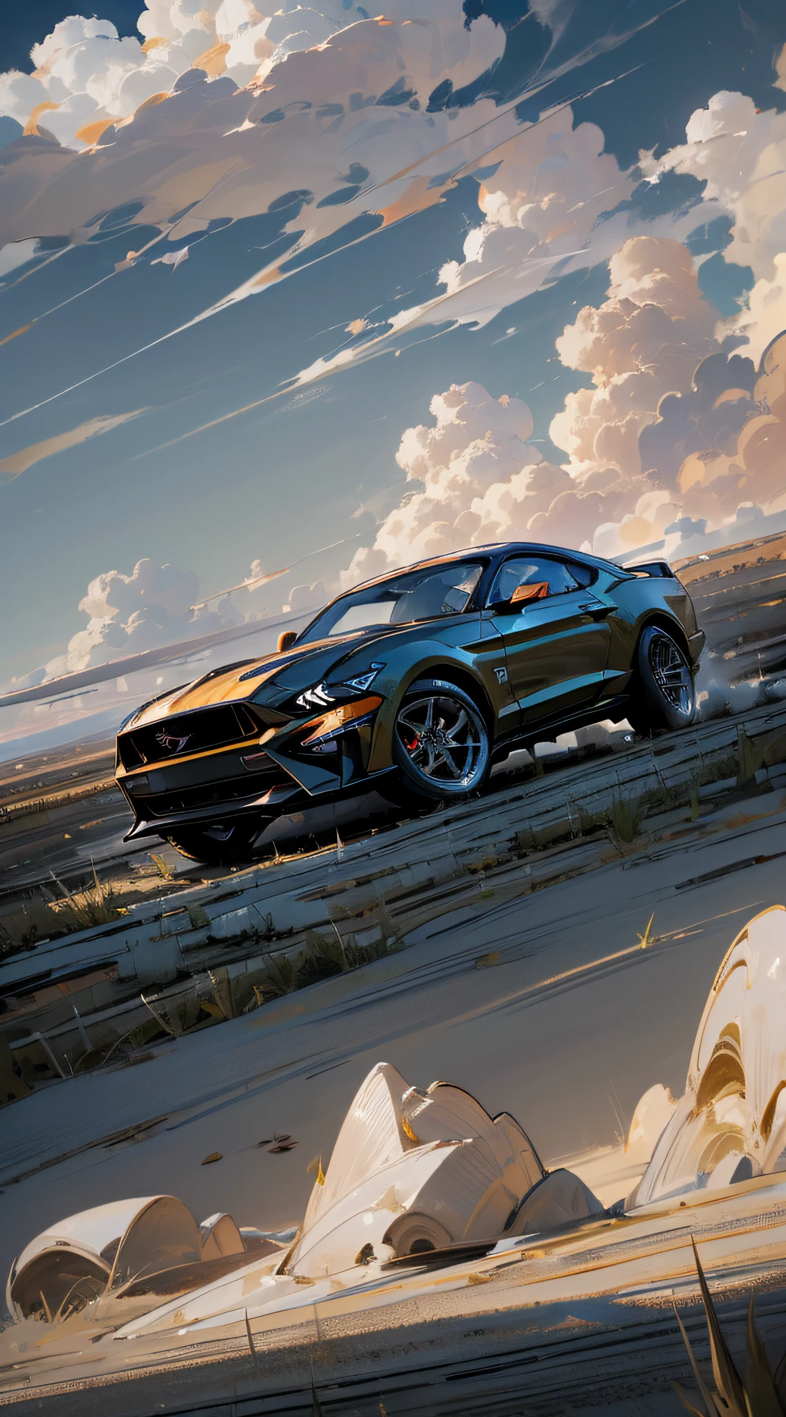 ((Top Quality)), ((masterpiece)), (Detailing),(Detailed Cloudscape:1.3), (high resolucion:1.2),((Ford Mustang 2023)),Apocalypse,daoshi,off road,off-road car, seen from the sky