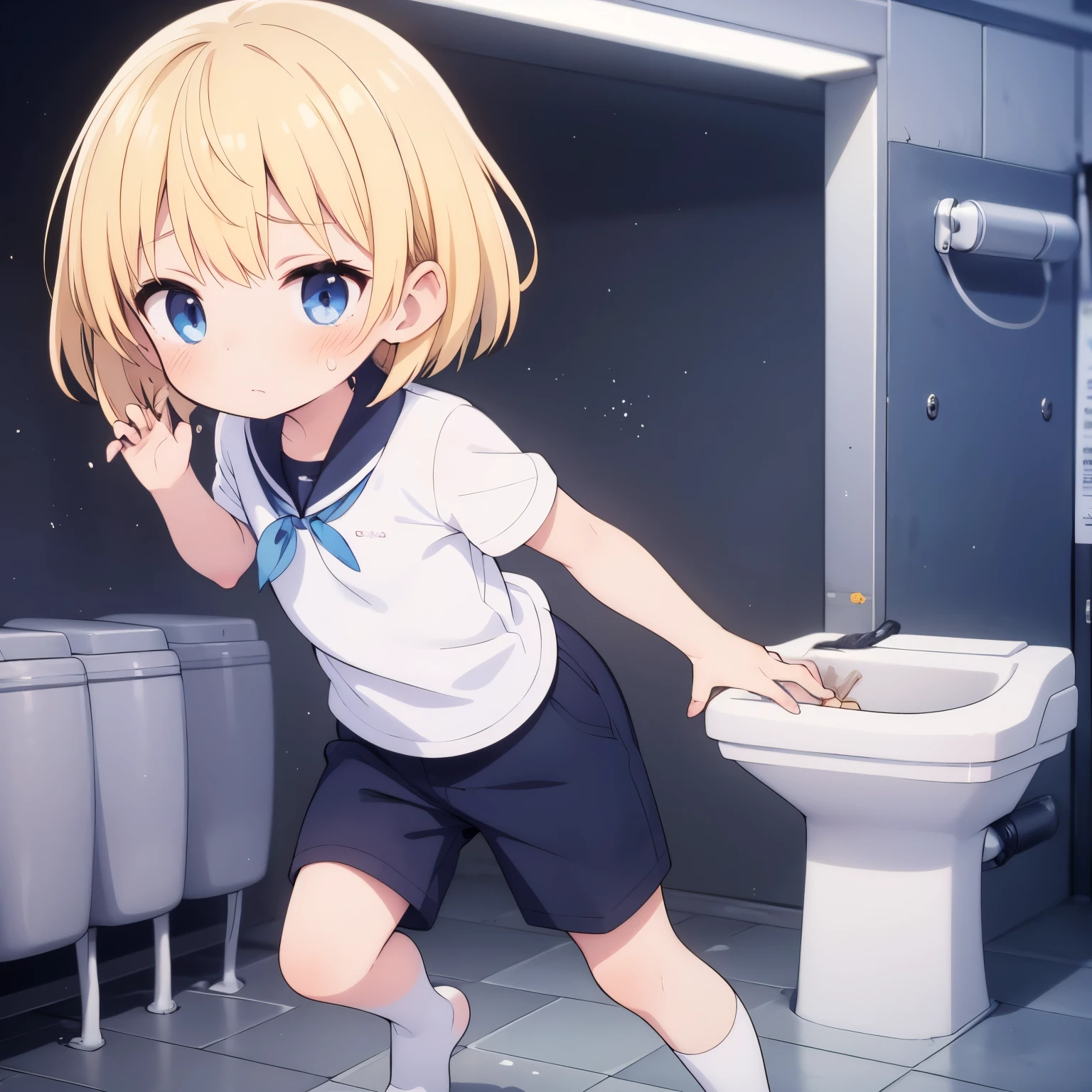 top-quality，in 8K，｛1 child｝｛1 elementary school boy｝Full limbs，complete fingers，Blonde Shorthair，Sweating，flat breast，The background is the school toilet，《Wheezing》，｛Elementary school boy showing off his butt｝