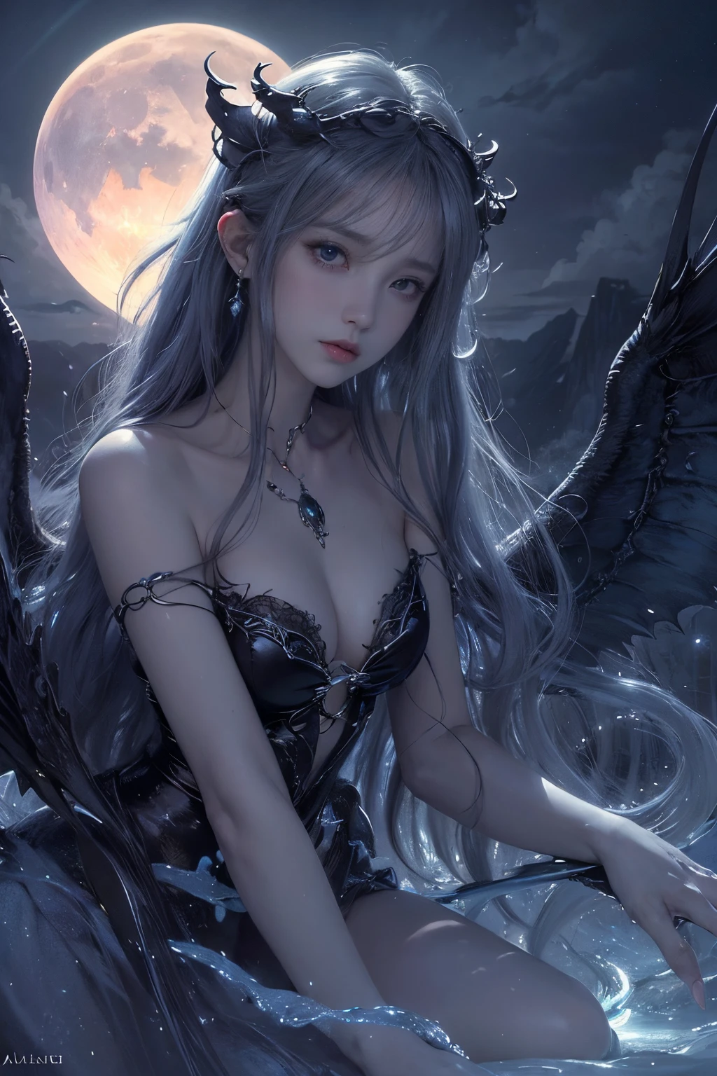 ((best quality)), ((masterpiece)), (detailed), alluring succubus, ethereal beauty, perched on a cloud, (fantasy illustration:1.3), enchanting gaze, captivating pose, delicate wings, otherworldly charm, mystical sky, (Luis Royo:1.2), (Yoshitaka Amano:1.1), moonlit night, soft colors, (detailed cloudscape:1.3), (high-resolution:1.2)