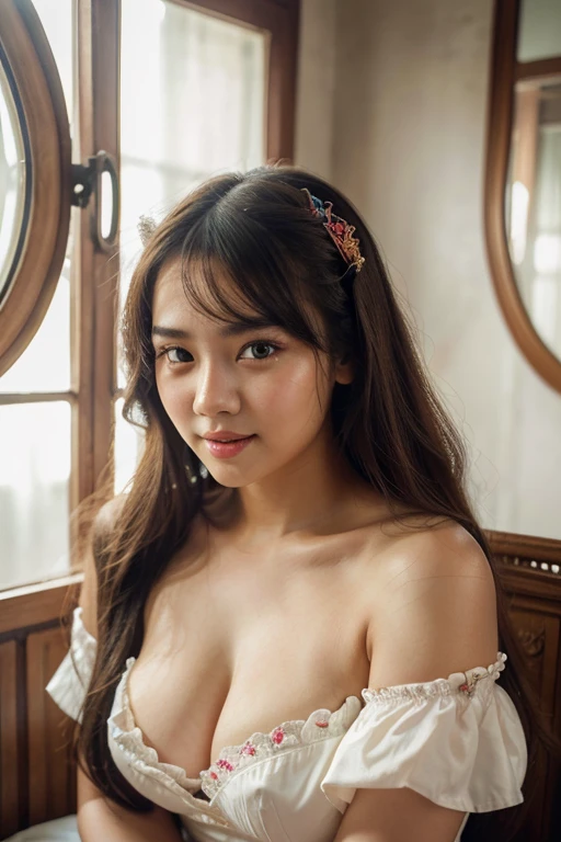 (best quality,highres),thai girl,voluptuous woman with long hair, young, ta style, vibrant colors, porcelain skin, expressive eyes, playful smile, alluring charm, vintage fashion, dreamy atmosphere, soft lighting, intricate details