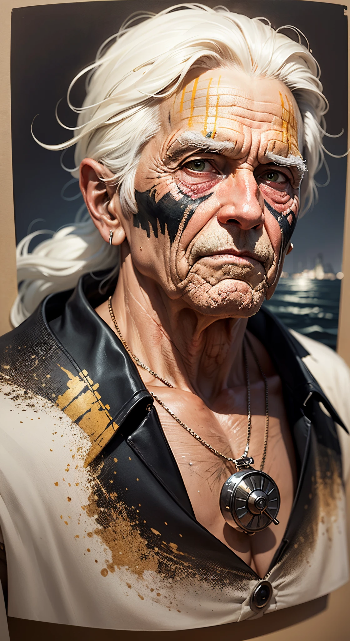 portrait of an elderly man with painted face in golden brown with white outline, in the style of piratepunk, monumental ink paintings, i can't believe how beautiful this is, black and white ink drawings, maritime scenes, mixed media marvel, canon 7 --auto --s2