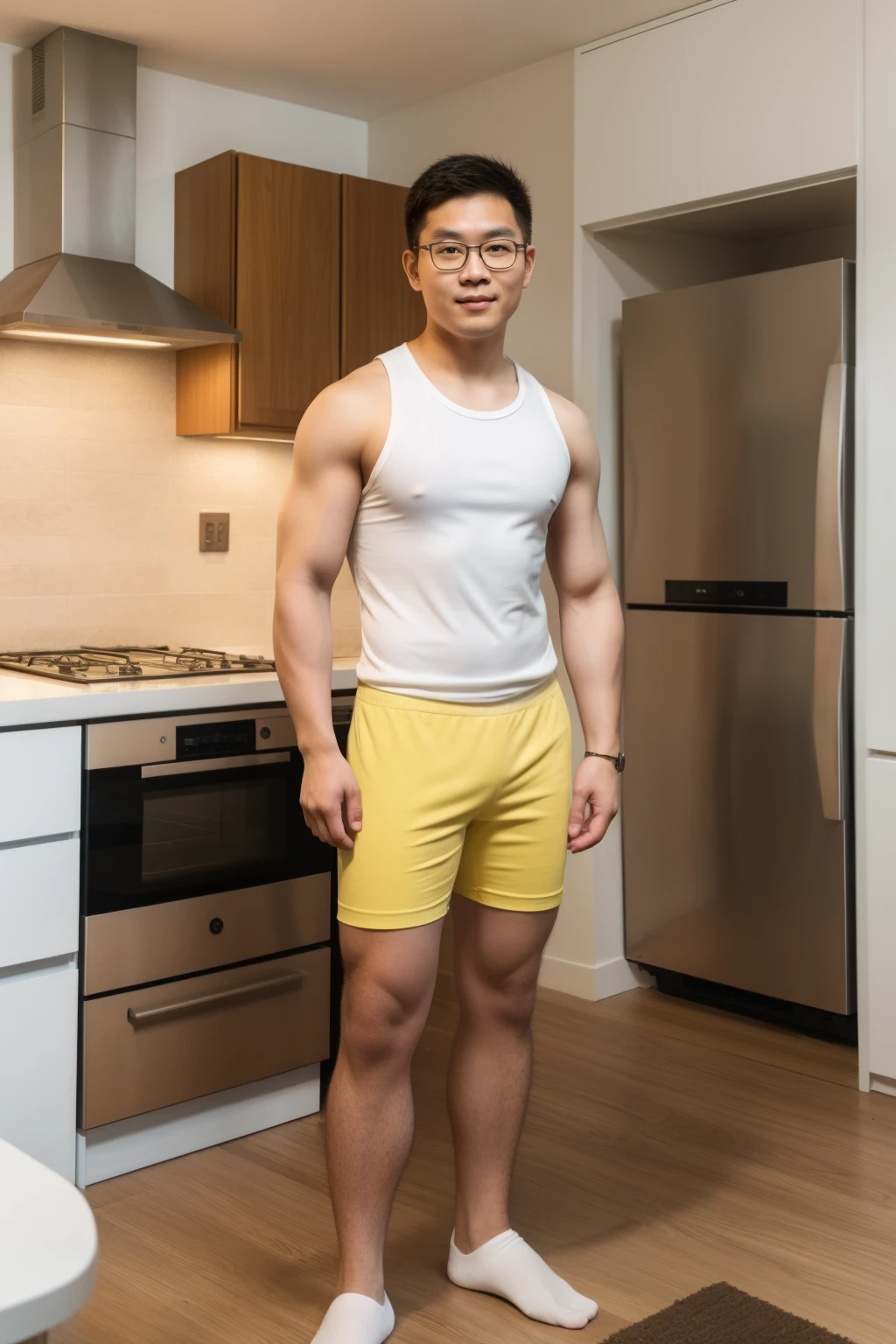 1man, full body shot, Andrew thomas huang, oval face, eyeglasses, neat muscular, white sleeveless shirt, yellow shorts, (bulge:0.2), standing, kitchen background