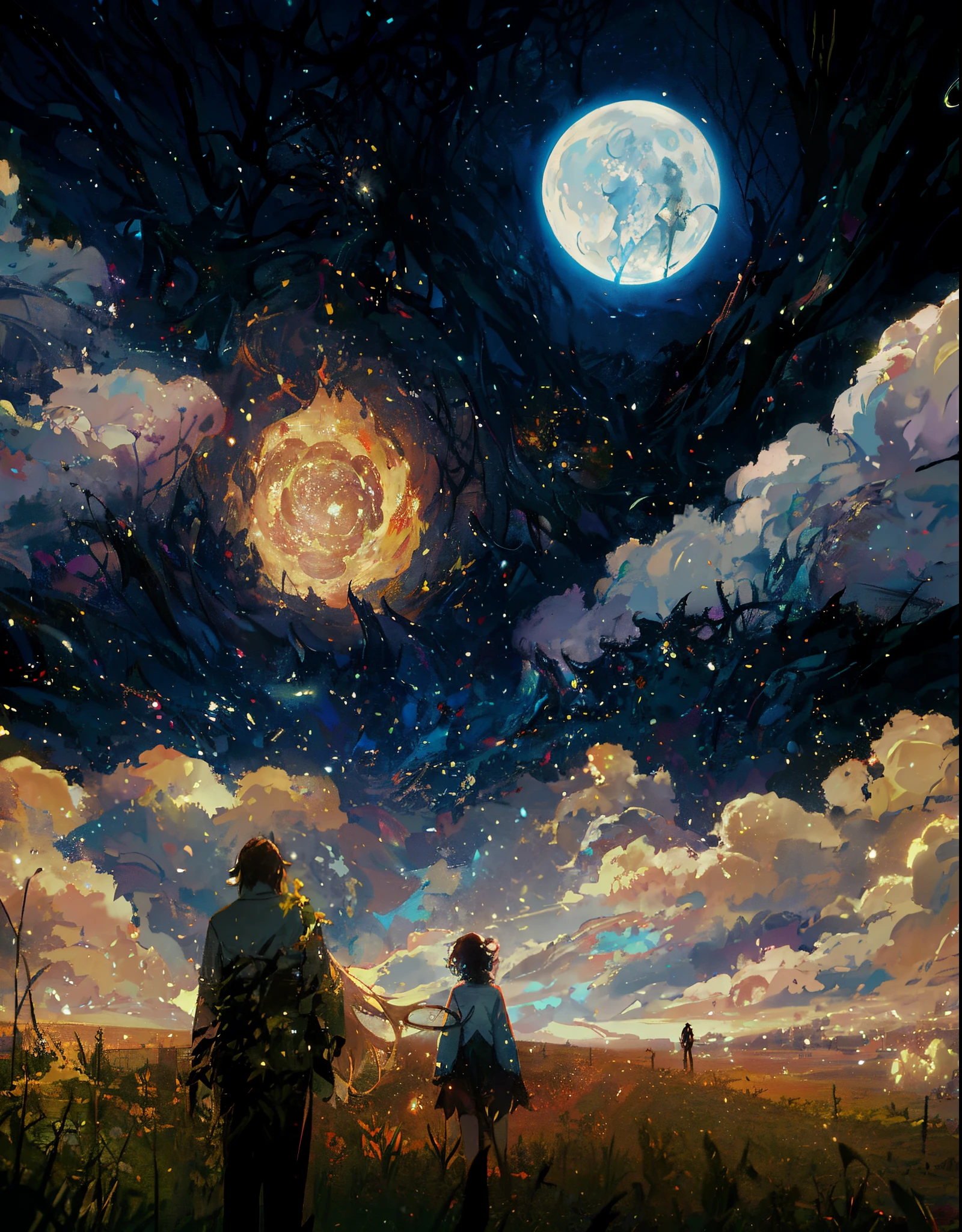 anime scene of two people walking in a field under a full moon, cyril rolando and m.w kaluta, cyril rolando and m. w kaluta, cosmic skies. by makoto shinkai, makoto shinkai cyril rolando, dreamy art, detailed dreamscape, dreamy psychedelic anime, intricate and epic composition, looking out into the cosmos