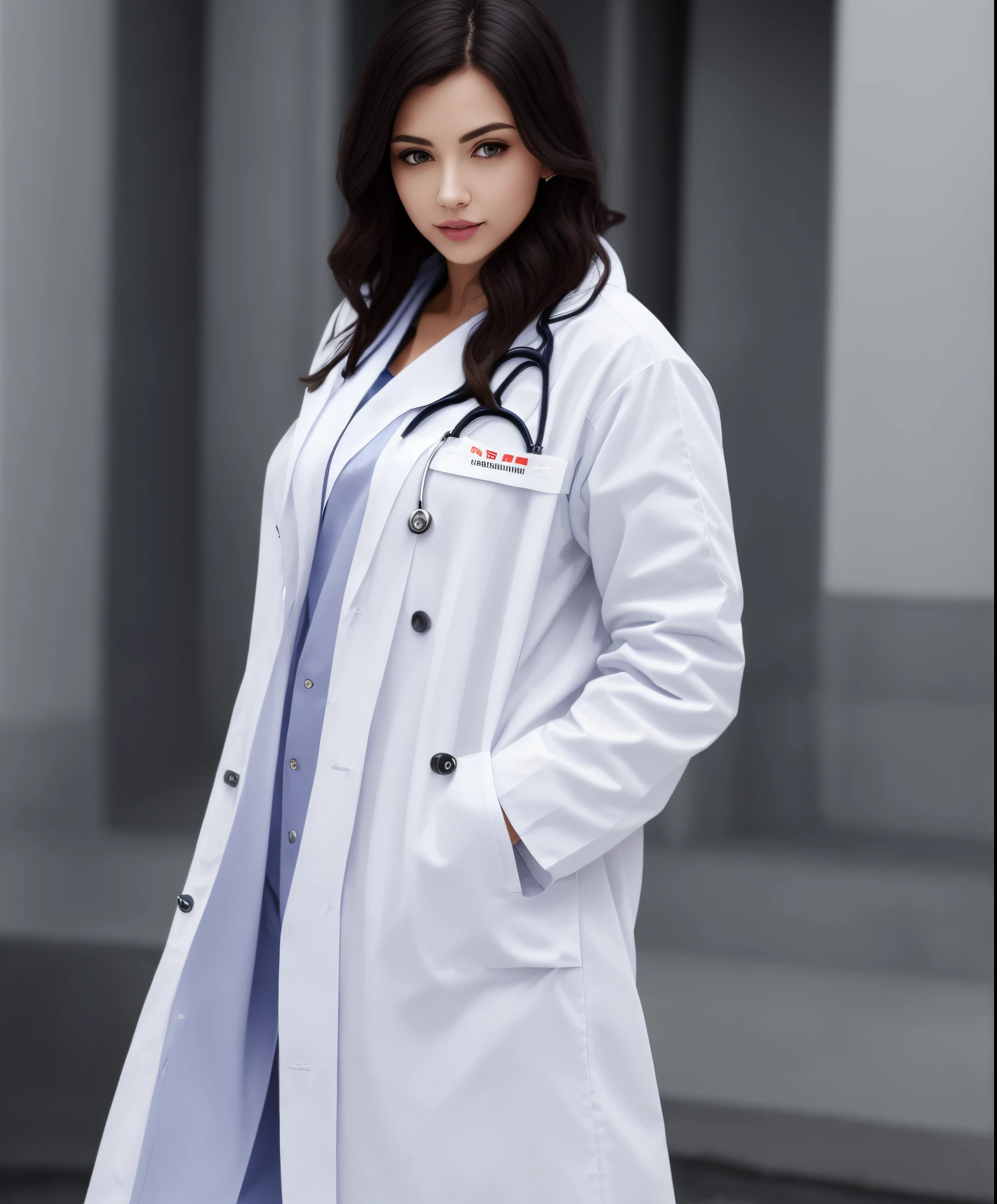 A beautiful woman with a lot of exposure wearing a white coat like a doctor