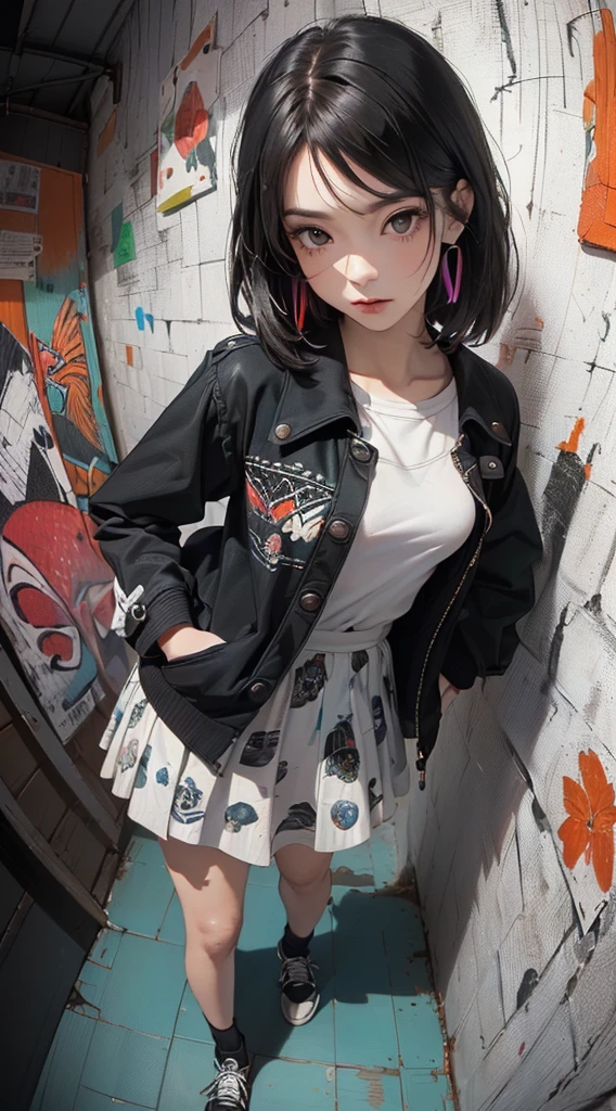 (((8k wallpaper of extremely detailed CG unit:1.2, masterpiece, hight resolution:1.2, top-quality:1.2, masutepiece))), ((a very beautiful woman, Hands in pockets:1.8, Grunge Fashion:1.2, Wear a mod coat:1.2, wearing skirt, Wearing shoes)), ((extra detailed face, Highly detailed black eyes, extra detailed body, Top quality real texture skins)), (A dark-haired, length hair, de pele branca, Small:1.2), ((Colorful geometric patterns are painted all over the wall..., Colorful wall)), (high-angle:1.2, Fisheye:1.3), hyper realisitic, digitial painting,