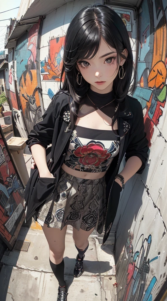 (((8k wallpaper of extremely detailed CG unit:1.2, ​masterpiece, hight resolution:1.2, top-quality:1.2, masutepiece))), ((a very beautiful woman, Hands in pockets:1.8, Grunge Fashion:1.2, Wear a mod coat:1.2, wearing skirt, Wearing shoes)), ((extra detailed face, Highly detailed black eyes, extra detailed body, Top quality real texture skins)), (A dark-haired, length hair, de pele branca, Small:1.2), ((Colorful geometric patterns are painted all over the wall..., Colorful wall)), (high-angle:1.2, Fisheye:1.3), hyper realisitic, digitial painting,