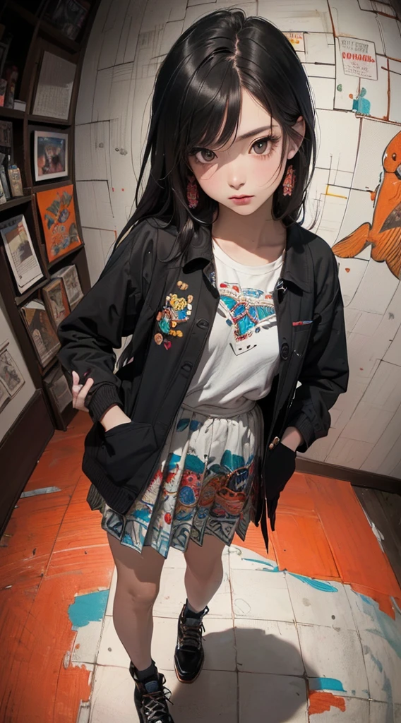 (((8k wallpaper of extremely detailed CG unit:1.2, ​masterpiece, hight resolution:1.2, top-quality:1.2, masutepiece))), ((a very beautiful woman, Hands in pockets:1.8, Grunge Fashion:1.2, Wear a mod coat:1.2, wearing skirt, Wearing shoes)), ((extra detailed face, Highly detailed black eyes, extra detailed body, Top quality real texture skins)), (A dark-haired, length hair, de pele branca, Small:1.2), ((Colorful geometric patterns are painted all over the wall..., Colorful wall)), (high-angle:1.2, Fisheye:1.3), hyper realisitic, digitial painting,