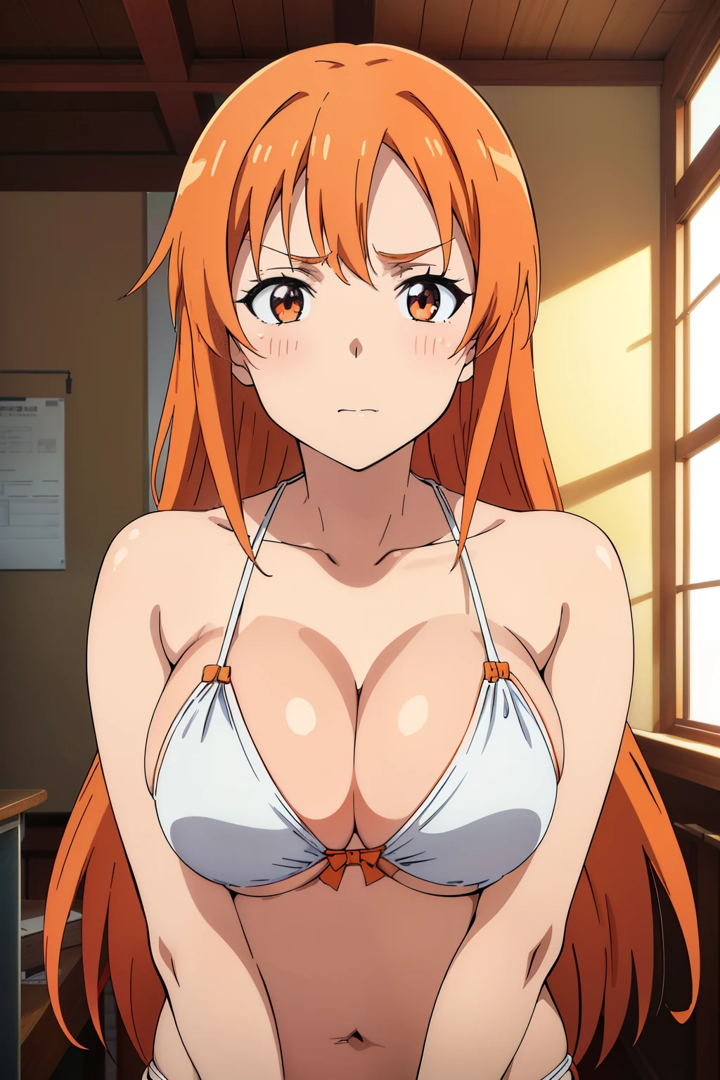 ((masutepiece, Best Quality, High resolution, anime screen cap, anime colours, in 8K, anime keyvisual)):1.5, Asuna, 1girl in, Cute, blush, (long orange hair:1.5), 14years, (Oversized large sagging breasts:1.5), cleavage, ((White Micro Bikini:1.5, Thin fabric)), Navel Ejection, Lower your arms, Upper body, Classroom, ((Perfect Anatomy, beautifull detailed face, Beautiful detailed eyes, beautiful detailed hair, Beautiful detailed body)), thick outline, Beautiful outlines, black outlines