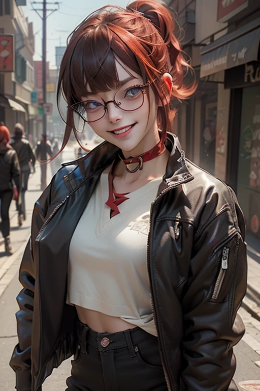 1 woman wearing glasses, 30-years old, (Hairstyle with dull bangs), (Fringe cut bangs hairstyle), (The forehead is hidden by bangs), (((Red hair))), (((Low ponytail))), (asymmetrical messy hair), (((black-rimmed round glasses))), (((Red ponytail))), (((beautiful and detailed face))), (((Perfect face))), (((Beautiful detailed eyes))), (((Perfect eyes))), (((Sharp eyes))), ((Blue eyes)), (Punk makeup with lots of eyelashes and jet black eyeshadow), ((with a sadistic smile), (gritted teeth)), (((Tanned skin))), (((open stand neck black jacket)), (Loose T-shirt)), Street fashion, (red lined sports pants), Black leather gloves, (Solo), put hands on the hip, Full body image, Perfect Anatomy, slender, Small bust, Abs, (thin waist), (Handsome face:1.5), ((Crazy smile:0.5)), (Tooth fangs:1.3), ((Dark skin)), (((Narrowed eyes))), (Evil smile, Evil look), Open legs, (((look at me with a provocative smile))), (Half-closed eyes:1.4), (((black thick rimmed glasses))), (High detailed skin), ((top-quality)), ((High Definition)), ((Beautiful detailed)), high quality shadow, Mostly cloudy sky, ((Official art)), Octane Render, Two-tone lighting, cyberpunk city street background, White Balance, Long exposure, depth of fields, Anatomically correct, (((Best Quality))), (((masutepiece))), (((Super Detail))), (((Photorealistic))), (((nffsw)))