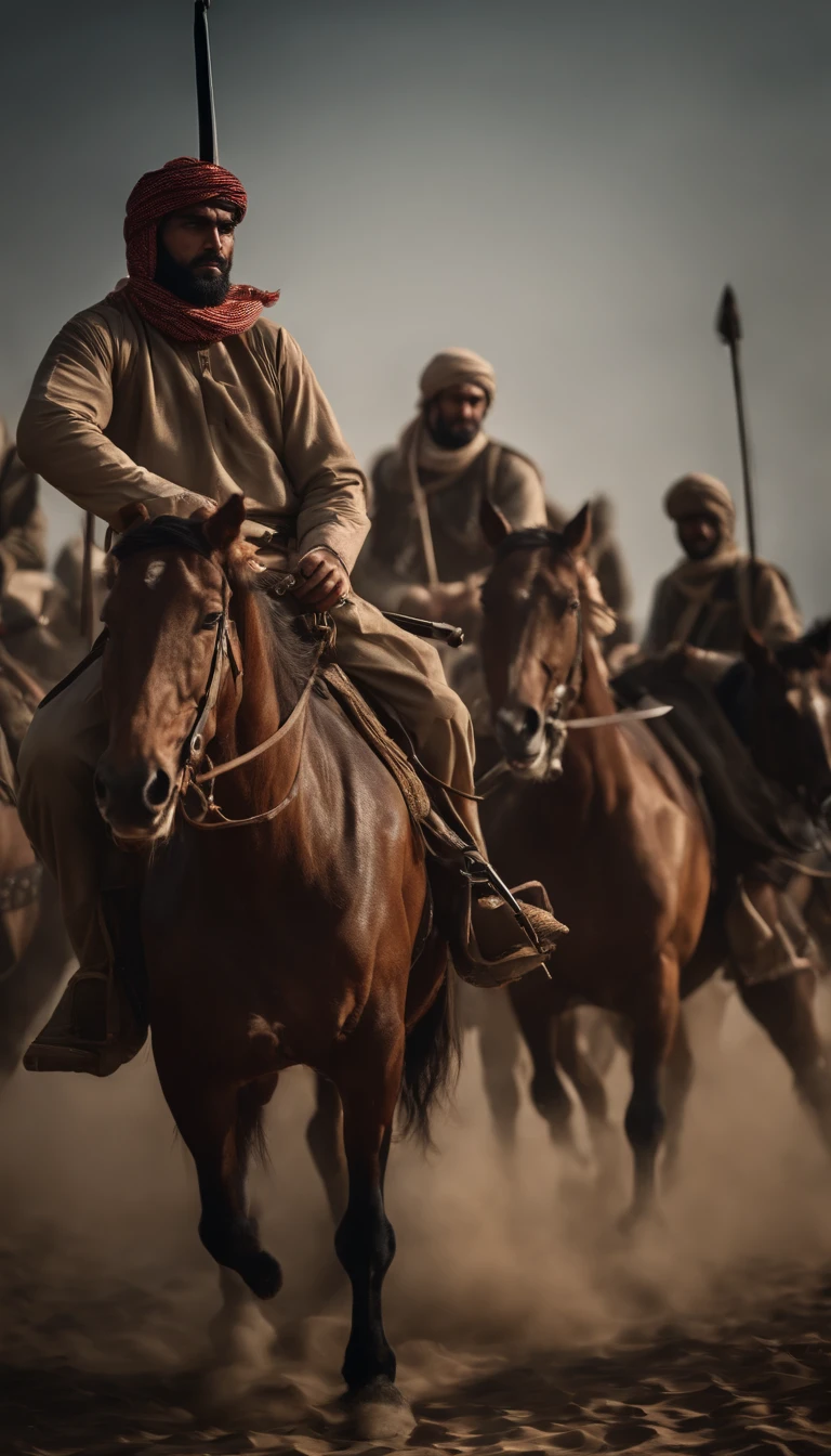 Muslim knights on horseback amid fierce battle and 1,000-year-old Islamic costume in Arabia