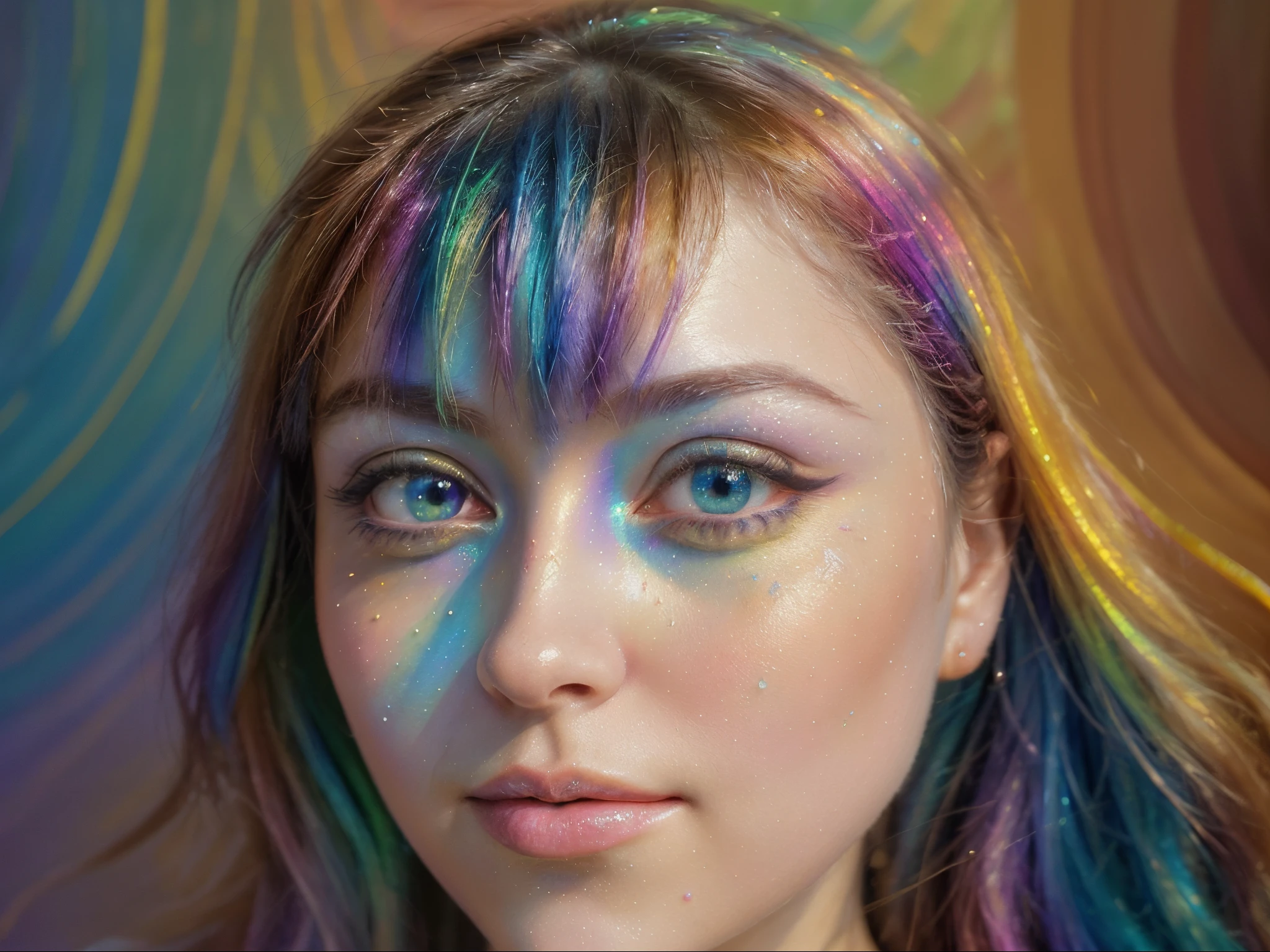 rainbow, slimes goopy slime skin photo realistic closeup portrait face in kitchen <lora:slimes_realistic-1:0.9> pretty eyes, woman