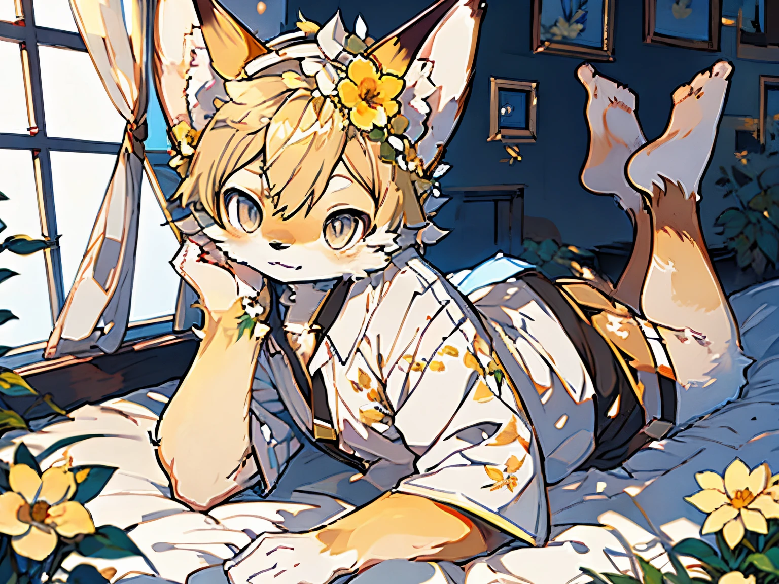 masterpiece, best quality, ultra-detailed, illustration, full body, straight on, 1 fox ,lightblond fur,one small golden flower ornaments, grey eyes, serene expression, white shirt, looking at viewer, pillows, flowers