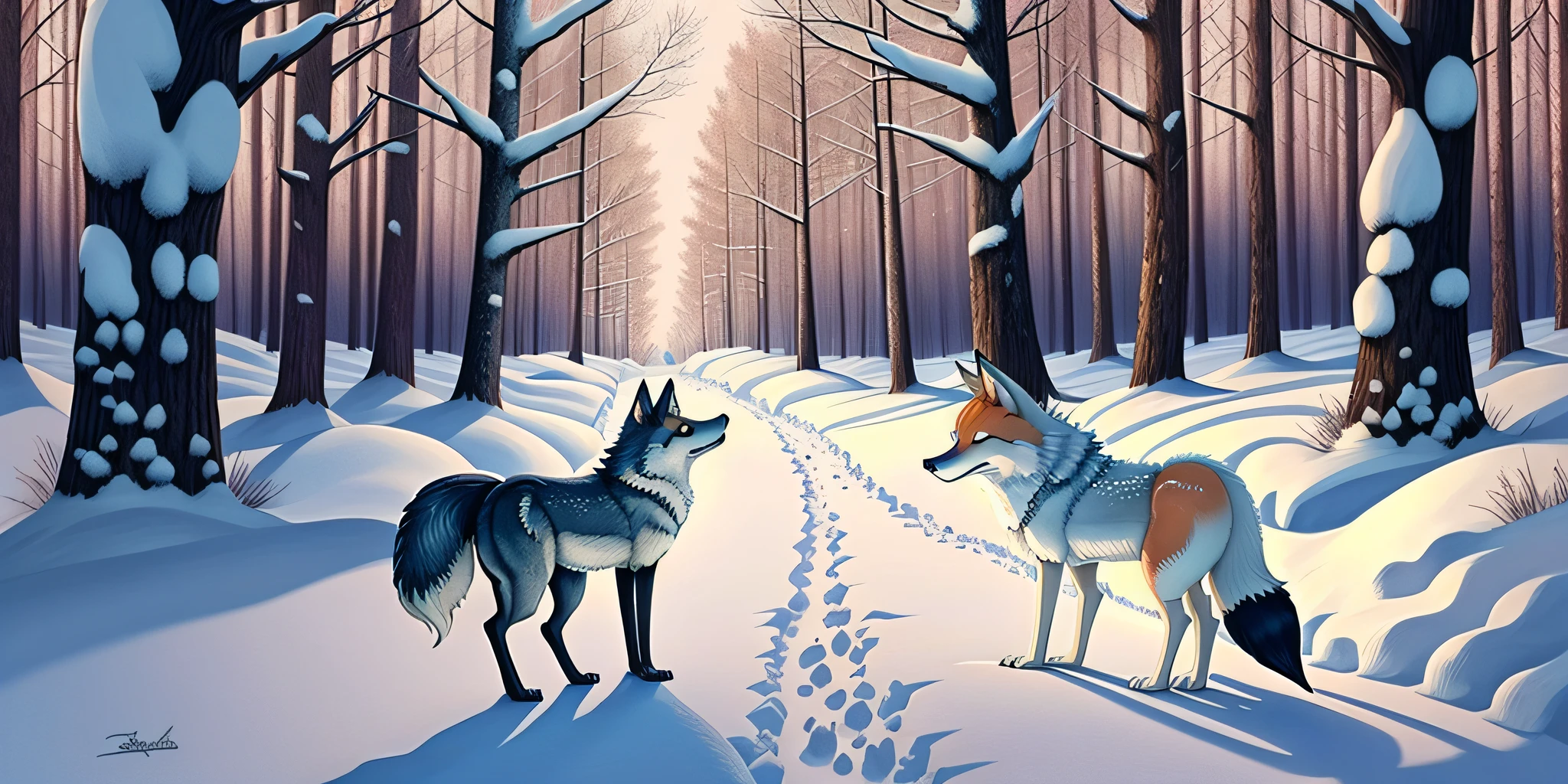 wolf and fox in a snowy forest cartoon