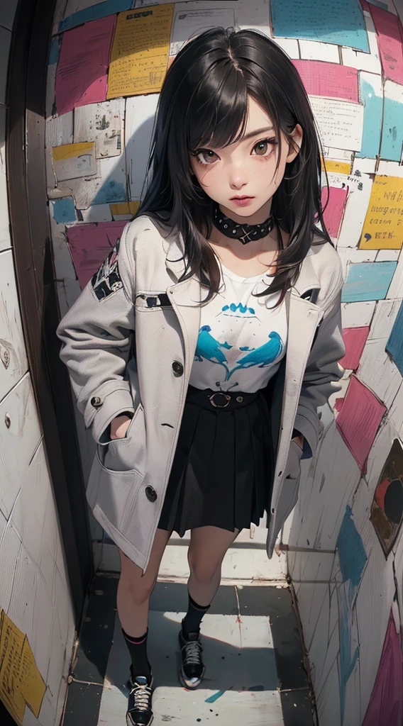(((8k wallpaper of extremely detailed CG unit:1.2, ​masterpiece, hight resolution:1.2, top-quality:1.2, masutepiece))), ((a very beautiful woman, Hands in pockets:1.8, Grunge Fashion:1.2, wear a mod coat:1.2, wearing skirt, Wearing shoes)), ((extra detailed face, Highly detailed black eyes, extra detailed body, Top quality real texture skins)), (A dark-haired, length hair, de pele branca, Small:1.2), ((Colorful geometric patterns are painted all over the wall...., Colorful wall)), (high-angle:1.2, Fisheye:1.3), hyper realisitic, digitial painting,