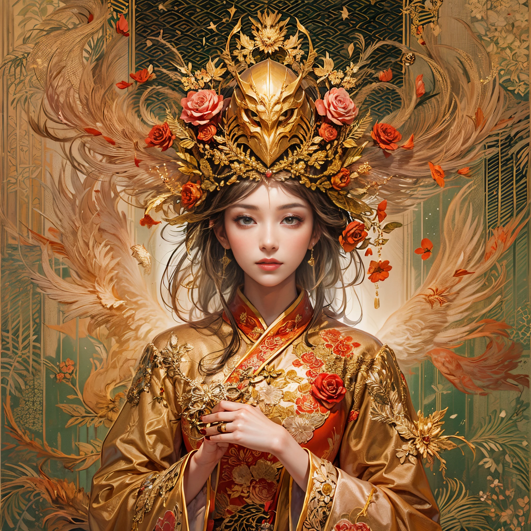 A woman wearing a red and gold Chinese dress，Phoenix crown,anatomy correct, (Exquisite helmet)，Delicate pattern，Oriental elements，Ink painting style, Clean colors,Pink rose space, Soft lighting, ( Bokeh)，Masterpiece, Super detailed, Epic composition, Highest quality, 16K，