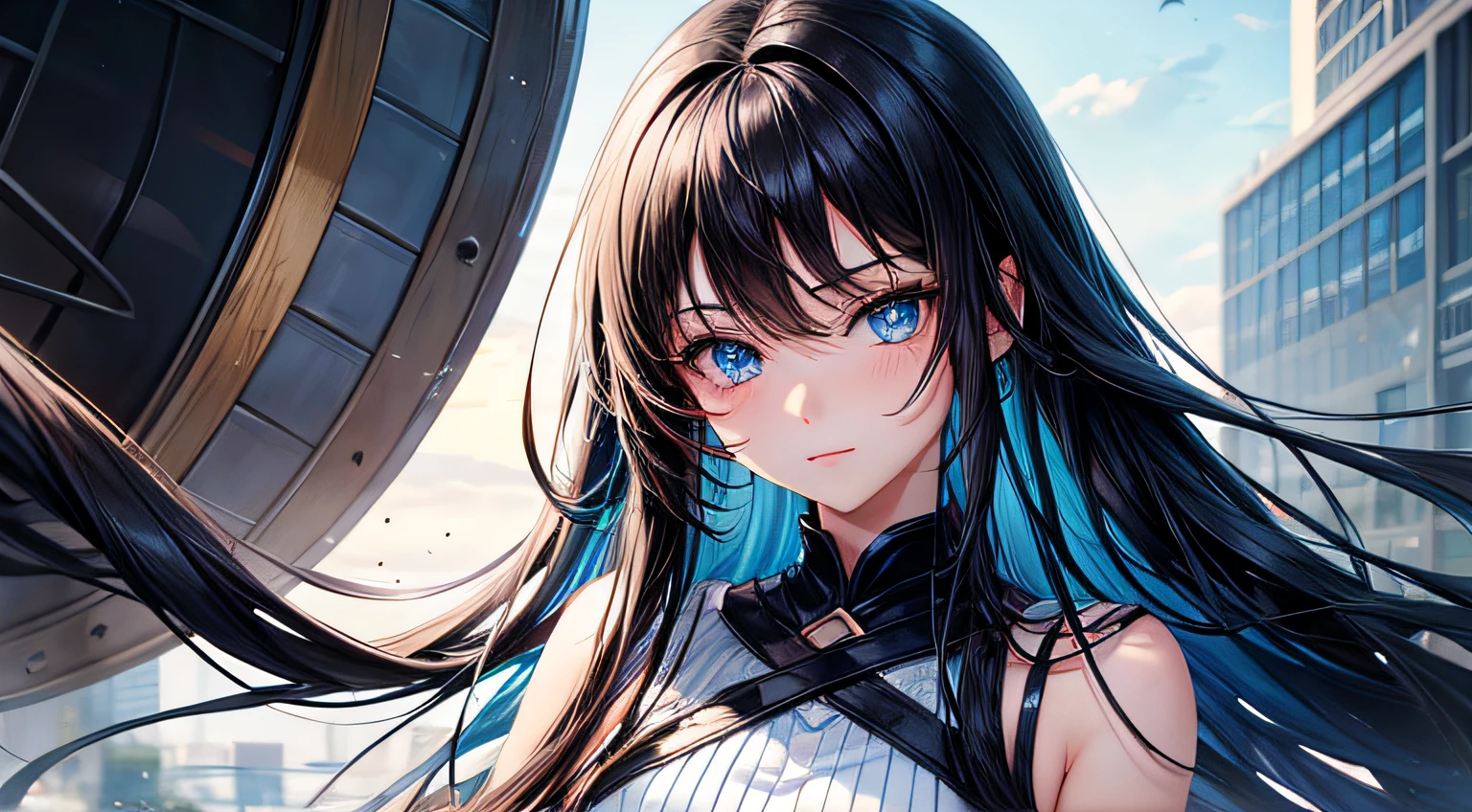 A beautiful anime girl with black hair and blue eyes, long hair