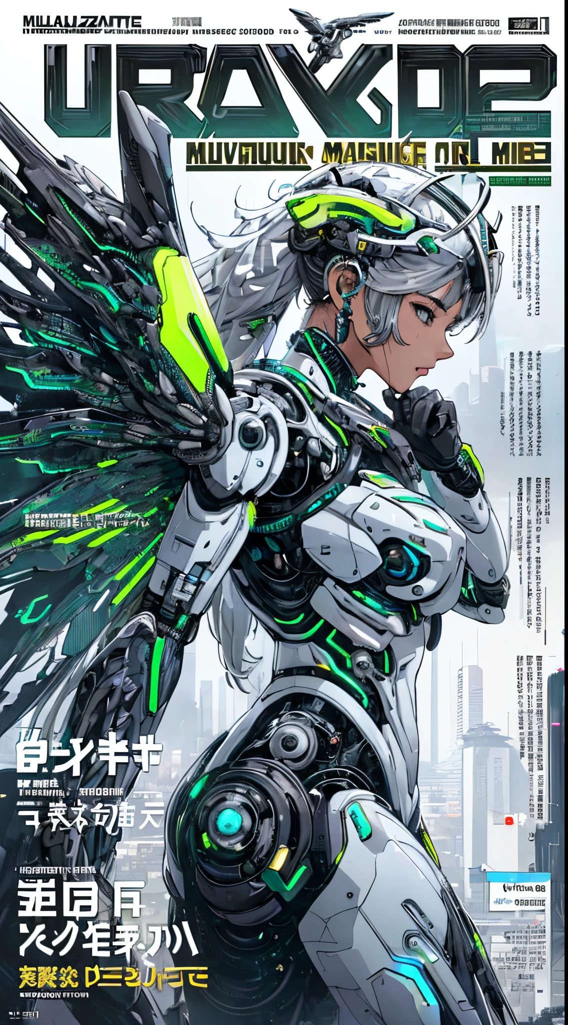 masterpiece,  (best quality), (ultra-detailed), (ultra-realistic:1.2), landscape,  sci-fi, transistorpunk,  cyberpunk, biopunk, (magazine cover:1.4), (gray, white), female huge robot, visor, earring, mechanical angel wings on the back, angel wings,  future town, dynamic pose, dynamic angle, small breasts, luxury, (gold, silver, green), neon