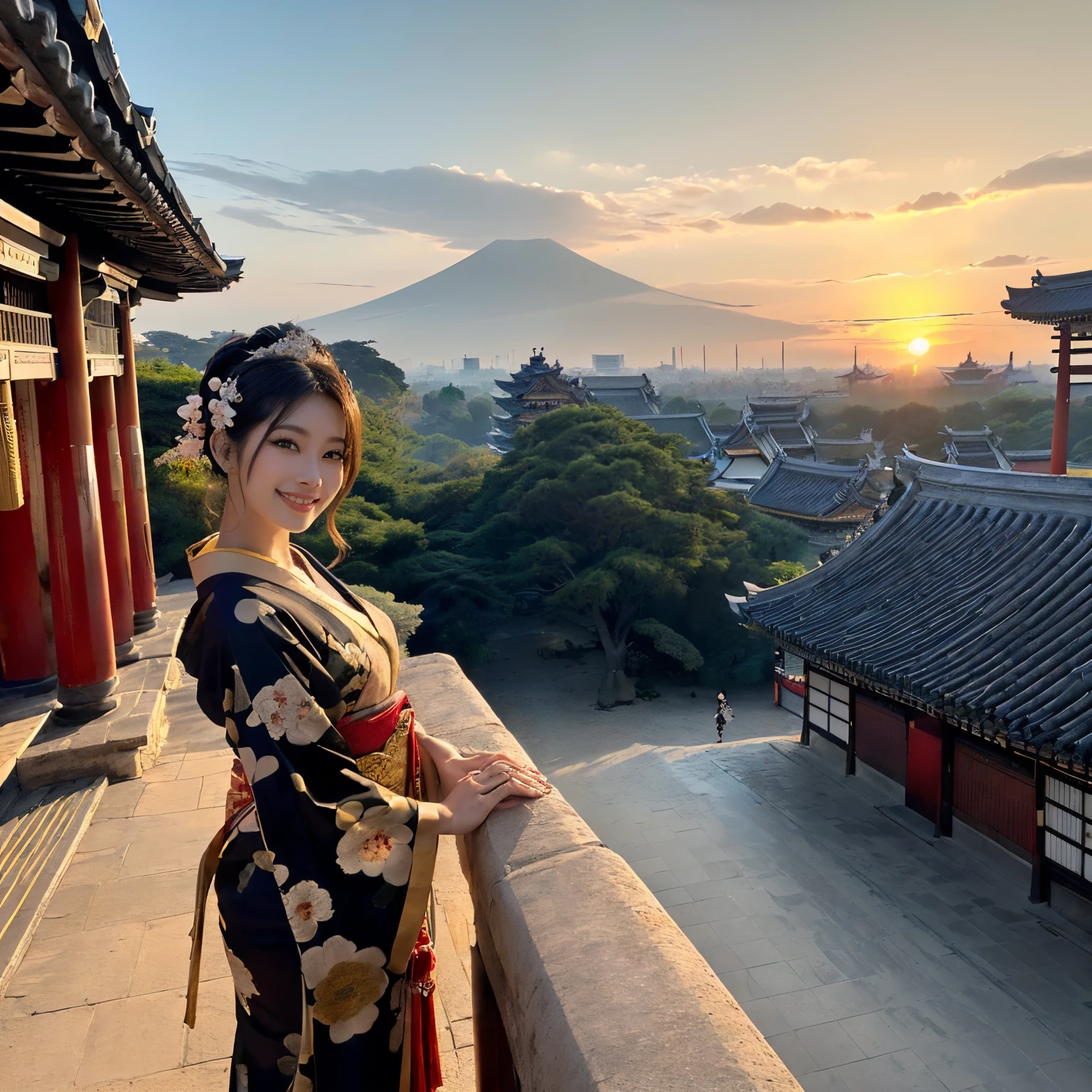 ((top-quality、masutepiece、8K、Top image quality、Very complex and detailed details、huge dark sunset、very high saturation))、(1 photo:1.7)、(Big picture:1.7)、(the princess is near、A complex cluster of Heian period buildings with depth in the background:1.7)、(Close-up photo of a woman :1.5)、(Take a photo from the upper body of the princess:1.5)、(very bright sunset sky:1.3)、((1 Princess、empress、Princess of the Heian period、perfect chignon、Mainly female close-ups、Standing in a gorgeous city、High class courtesan kimono))、((Atmosphere of the Heian period、Beautiful Niwa-lacquered pillars、gorgeous city、The most luxurious royal palace of the Heian period、A huge and majestic Niwa-lacquered building、Beautiful and perfect Heiankyo、beautiful and luxurious tiled roof、many luxurious buildings、Lots of buildings、Sparkling sunset、Beautiful sunset、Fantastic sunset、spectacular dark sunset、shining dark sunset、spectacular movie lighting、the most luxurious capital、luxurious and luxurious building、Complete reproduction of the splendid Heian capital、The perfect capital of Heiankyo、luxury city、Townscape of the Heian period、Perfect reproduction of Japan、Heian period))、(View me、Look at viewers、perfect anatomia、Biggest smile、The happiest smile)
