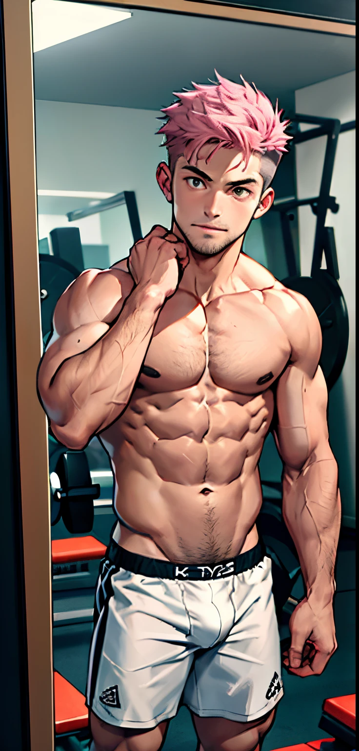 (Masterpiece, Best quality),Mirror reflection，muscular man, gym room，Libido boy,nakeness,A young boy with,younge boy，The 's face，Cold，infancy，Young age，Short round face，Flat chin，infancy,(The childce),Pink belly hair,Pink chest hair,Pink pubic hair,Young age,Flat chin,Fine face in detail,White men's briefs,musculous,pink short hair,Bright hair,White eyes,Keep your eyes wide open,nakeness,White briefs,White briefs,Pectoralis abdominal muscles,Strong and well-developed muscles,Bright,Bright and vivid colors,(depth of fields:1.2),Positive audience,looking at viewert,the night, masculine muscular man, extremely muscular