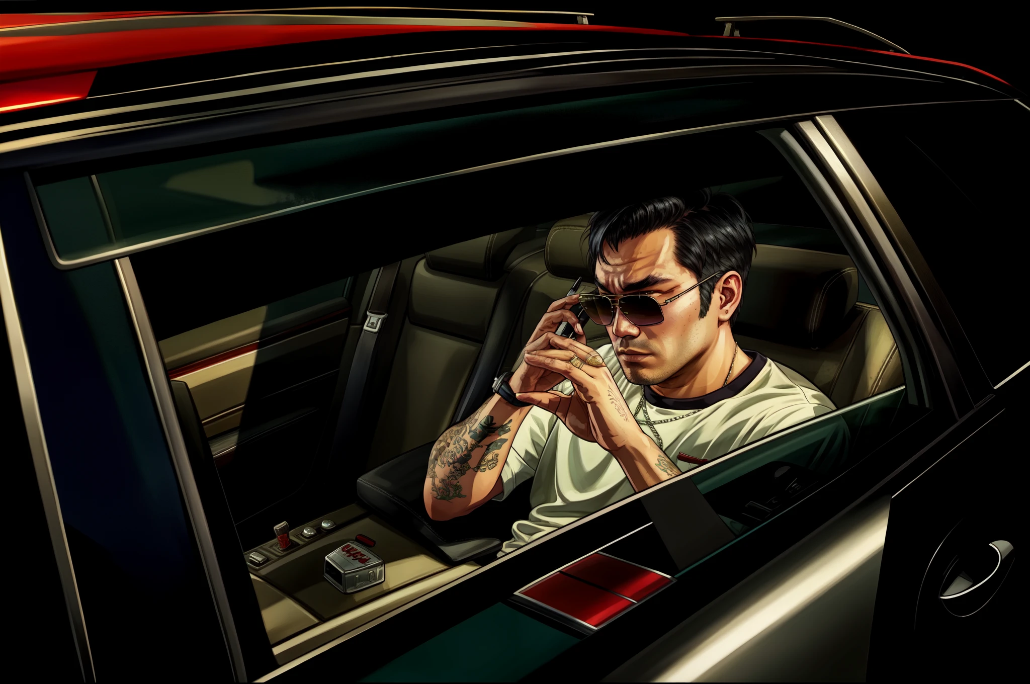 21 years old asian man sitting in a car talking on a cell phone, teenager, waring white tracktop, waring sunglasses, black hair, 2d game art gta5 cover, gta art, gta art style, gta v art, 2 d game art gta cover, 2d game art gta cover, style of gta v artworks, art gta 5, 2d art gta5 cover, gta v loading screen art, art gta 5 cover, 4k result