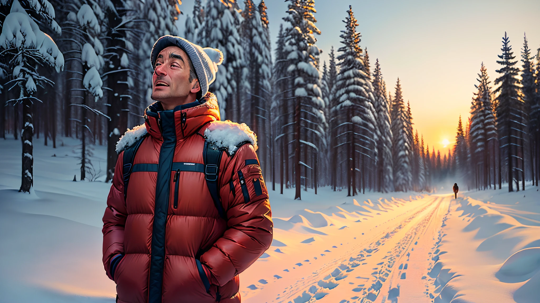 Guy standing in the snow looking up in the sky