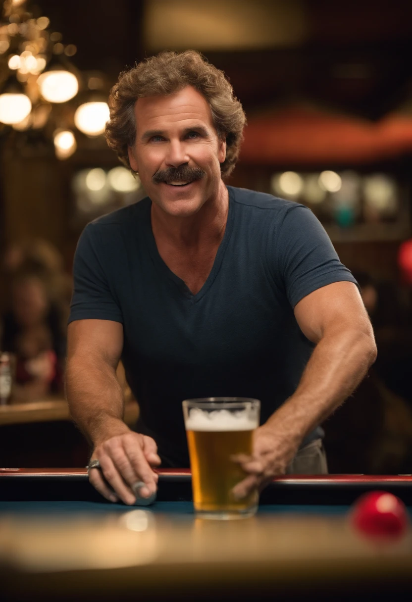 A photo of Frank the Tank participating in a beer pong tournament at a local bar,Old School,Frank, famously known as “Frank the Tank” from the movie “Old School,” played by Will Ferrell, is depicted as an average, middle-aged man who often dresses in casual, nondescript clothing. His look is typical of a suburban, everyman character, with a slightly disheveled style that becomes more pronounced during his wilder moments. In contrast to his usual mundane appearance, Frank’s transformation during his party scenes, where he’s often seen shirtless or in outlandish costumes, highlights the duality of his character.