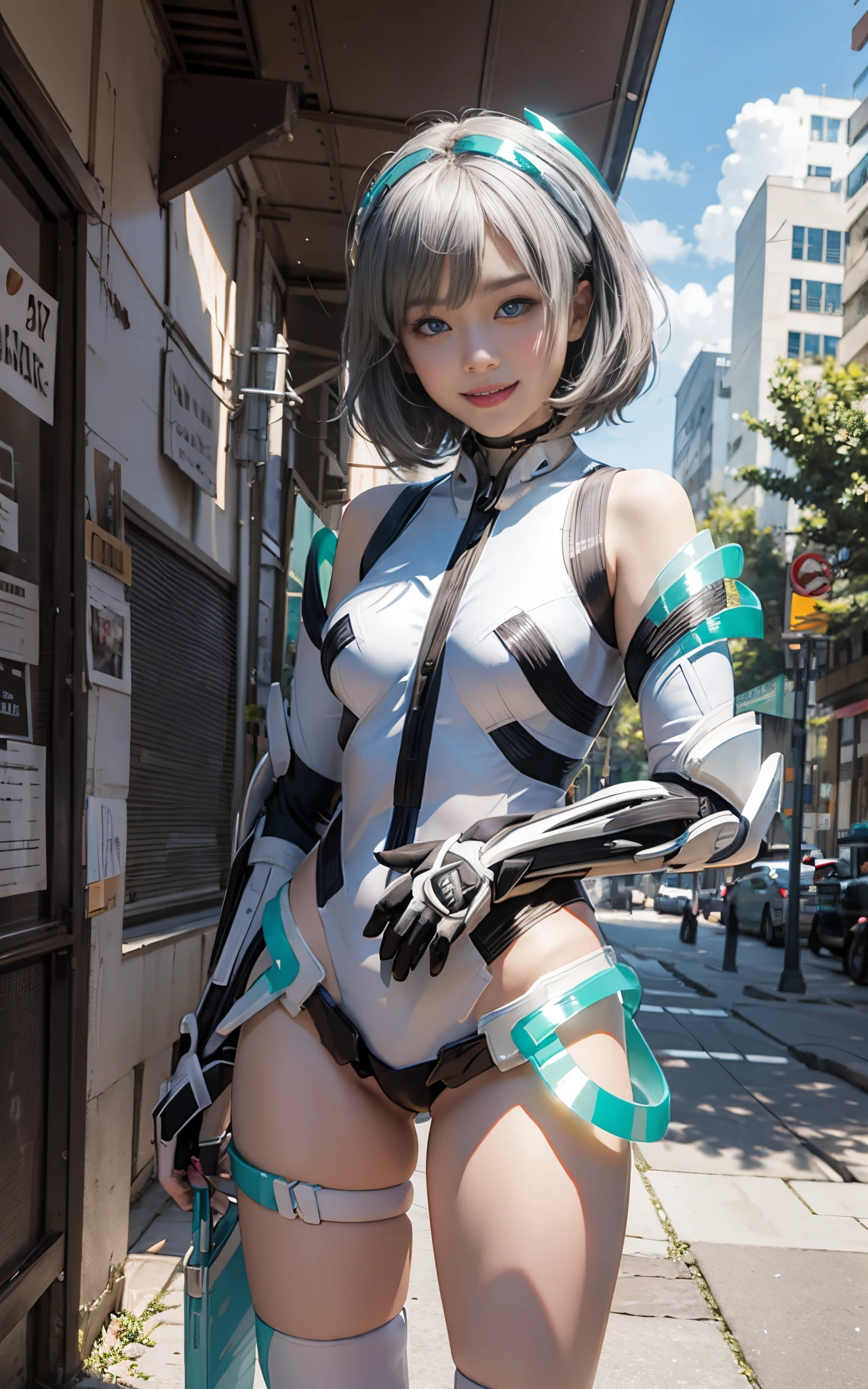 lightsmile, deva battle suit, Outdoors, Silver hair, bobhair, Blue eyes, waist shot