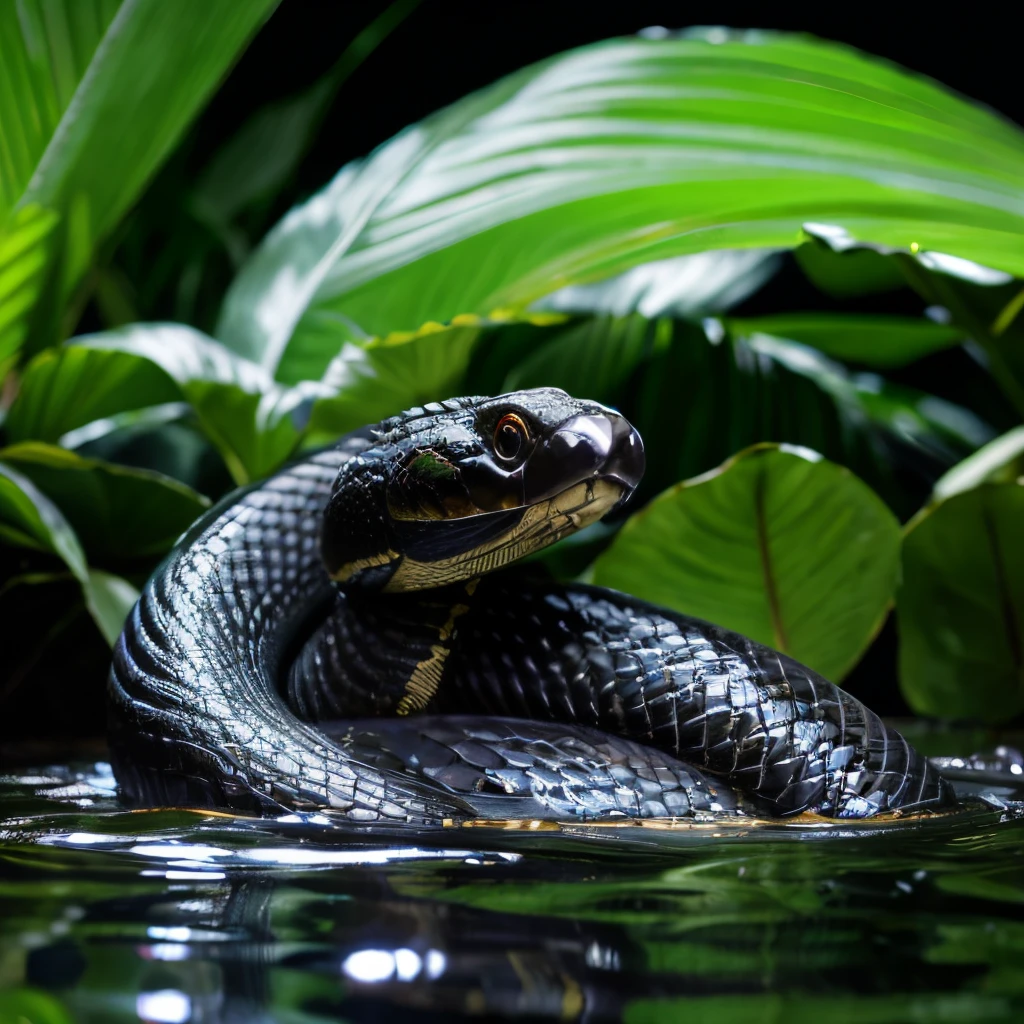 masutepiece,pixiv Competition Winner,big black mamba,Detailed snake,jungle water background,电影灯光,snake raising its head,moist,(full body Esbian),hiquality,scary snake,The dim,up of face,Mouth open,Hyper-detailing,Like poop,(Detailed snake face),1 snake,