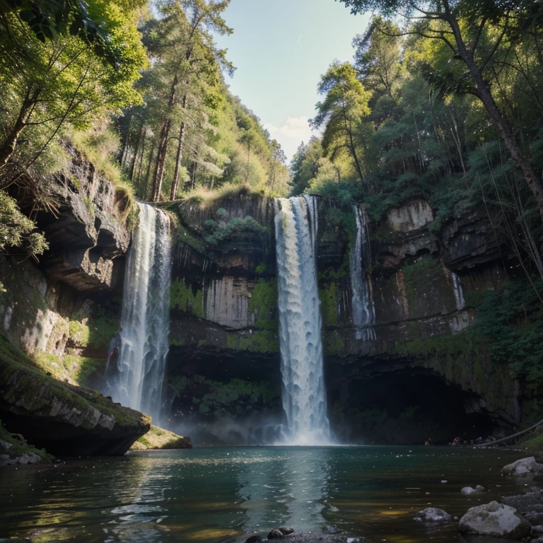 master part:1.1), (extremely high quality:1.1), (HDR:1.0), altamente detalhado, pintura a tinta chinesa, pintura a tinta colorida, montanha, waterfall, lago, tree