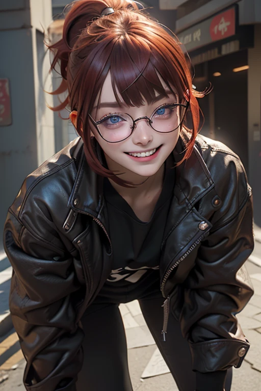 1 woman wearing glasses, 30-years old, (Hairstyle with dull bangs), (Fringe cut bangs hairstyle), (The forehead is hidden by bangs), (((Red hair))), (((Low ponytail))), (asymmetrical messy hair), (((black-rimmed round glasses))), (((Red ponytail))), (((beautiful and detailed face))), (((Perfect face))), (((Beautiful detailed eyes))), (((Perfect eyes))), (((Sharp eyes))), ((Blue eyes)), (Punk makeup with lots of eyelashes and jet black eyeshadow), ((with a sadistic smile), (gritted teeth)), (((Tanned skin))), (((open stand neck black jacket)), (Loose T-shirt)), Street fashion, (red lined sports pants), Black leather gloves, (Solo), put hands on the hip, Full body image, Perfect ???????, slender, Small bust, Abs, (thin waist), (Handsome face:1.5), ((Crazy smile:0.5)), (Tooth fangs:1.3), ((Dark skin)), (((Narrowed eyes))), (Evil smile, Evil look), Open legs, (((look at me with a provocative smile))), (Half-closed eyes:1.4), (((black thick rimmed glasses))), (High detailed skin), ((top-quality)), ((High Definition)), ((Beautiful detailed)), high quality shadow, Mostly cloudy sky, ((Official art)), Octane Render, Two-tone lighting, cyberpunk city street background, White Balance, Long exposure, depth of fields, Anatomically correct, (((Best Quality))), (((masutepiece))), (((Super Detail))), (((Photorealistic))), (((nffsw)))