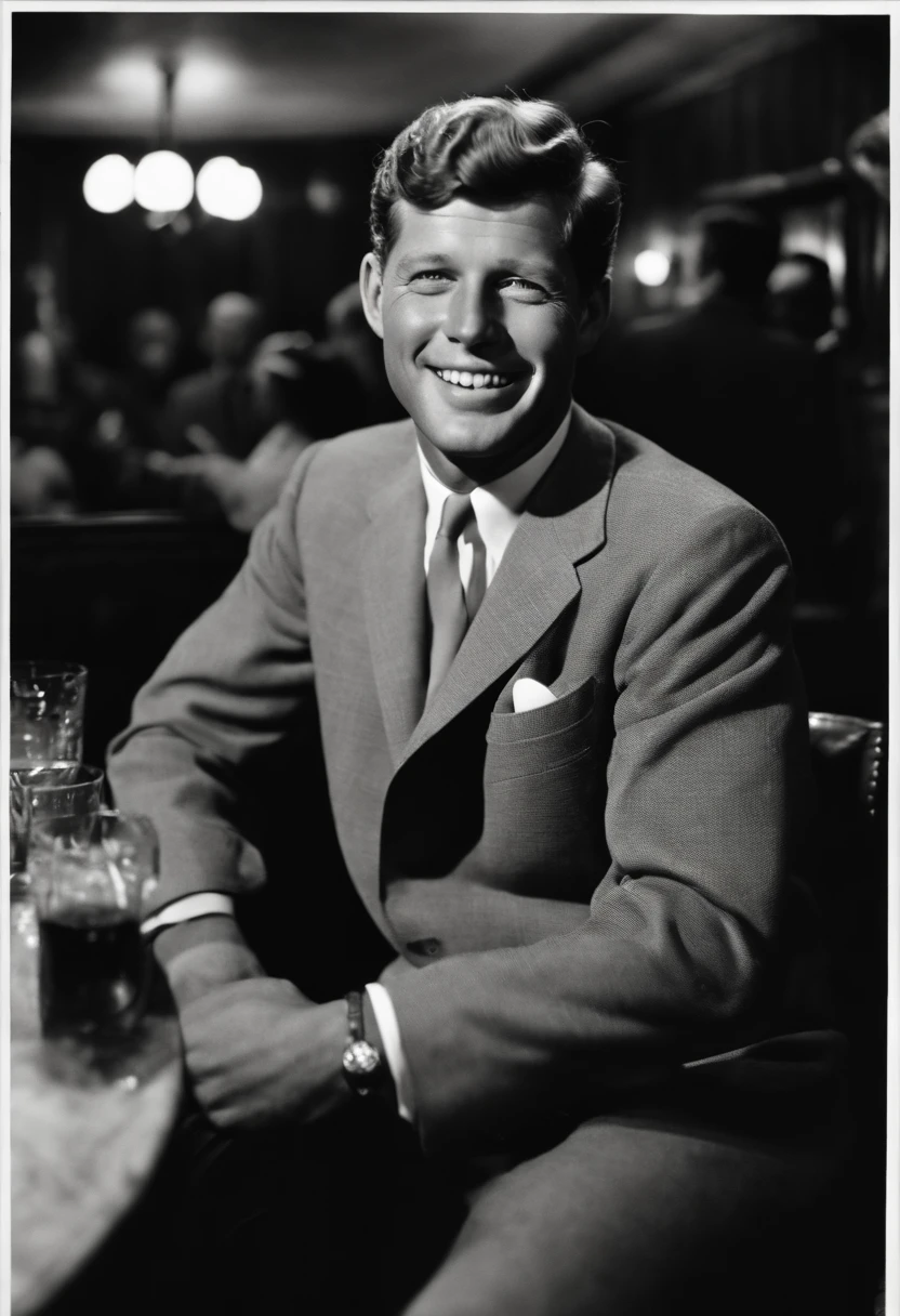 A photo of Kennedy enjoying a night out at a jazz club,original,John F. Kennedy, the 35th President of the United States, was renowned for his handsome, charismatic appearance, with his wavy hair, engaging smile, and a sense of style that exuded confidence and charm. His tailored suits and poised demeanor contributed to a public image of youthful vigor and sophistication.